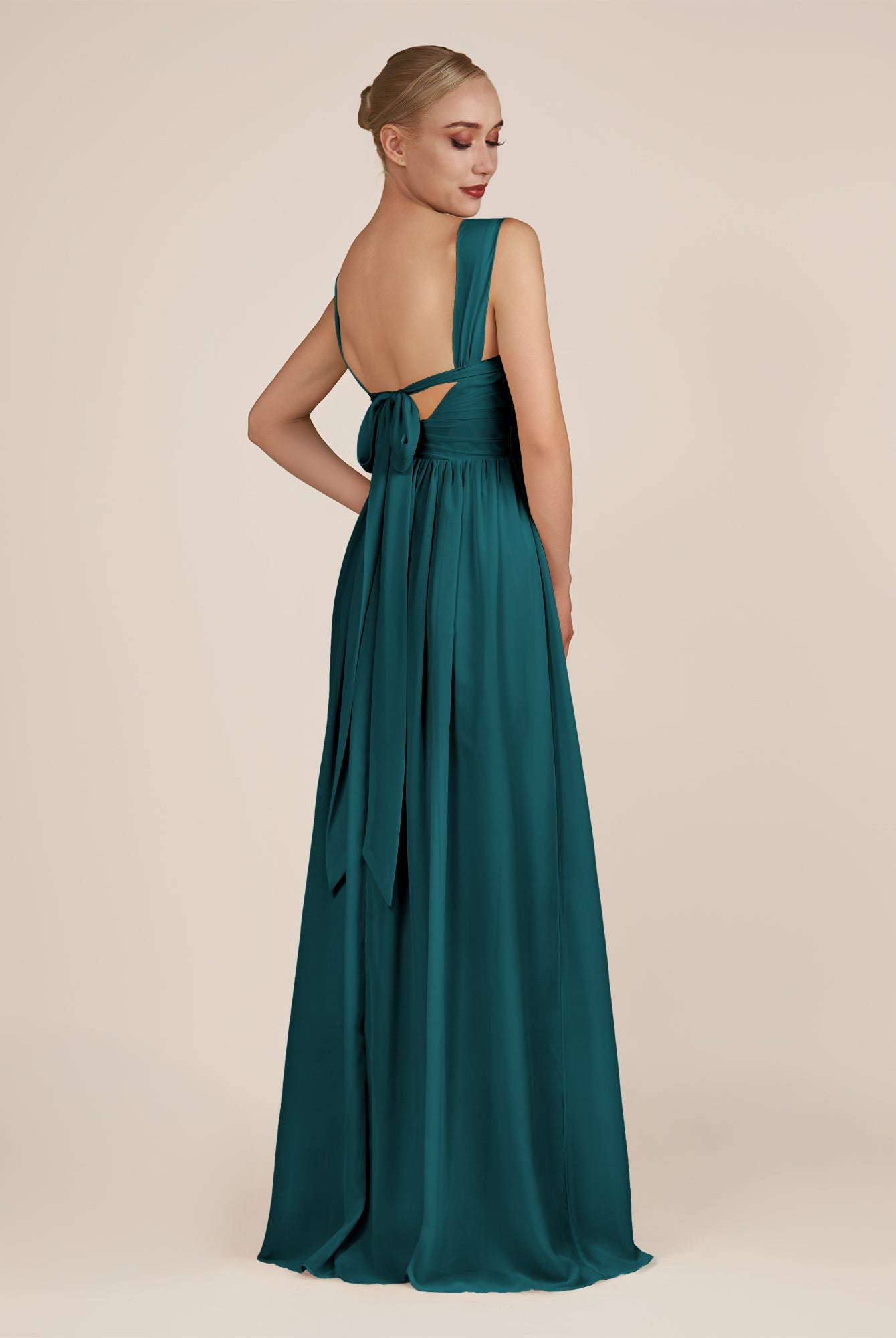 KissDress-Azura Pine A-Line V Neck Chiffon Pleated Long Bridesmaid Dress with Slit