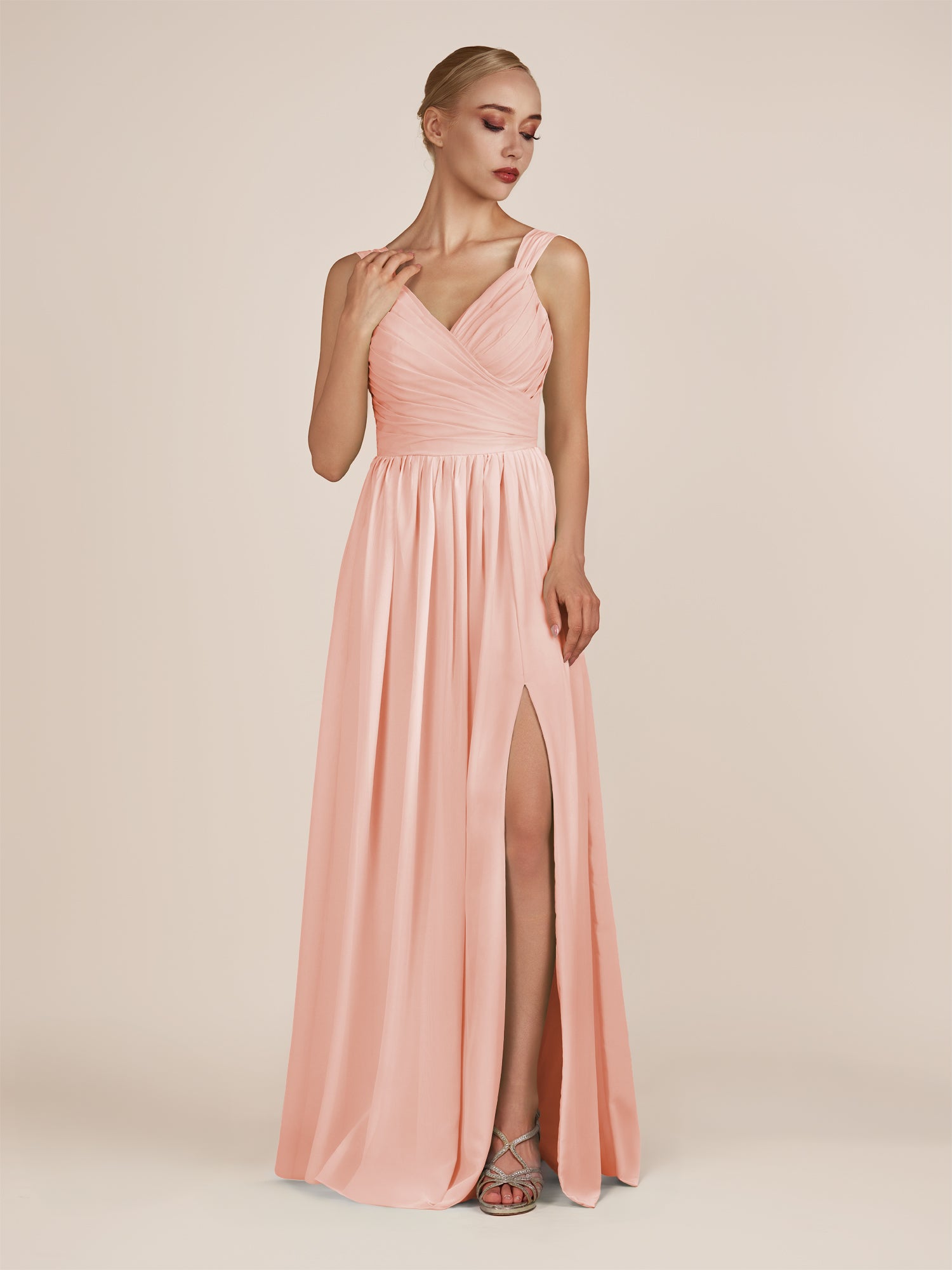 KissDress-Azura Rose Petal A-Line V Neck Chiffon Pleated Long Bridesmaid Dress with Slit