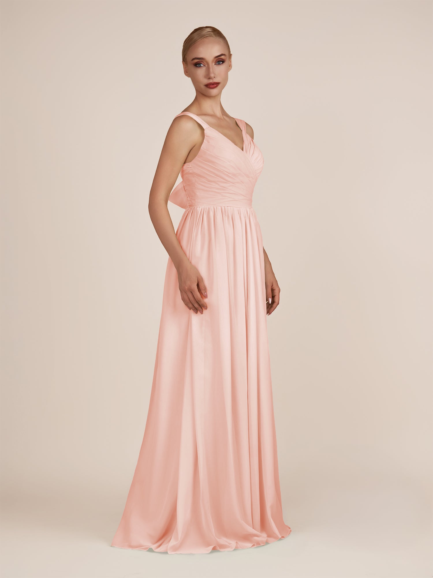KissDress-Azura Rose Petal A-Line V Neck Chiffon Pleated Long Bridesmaid Dress with Slit