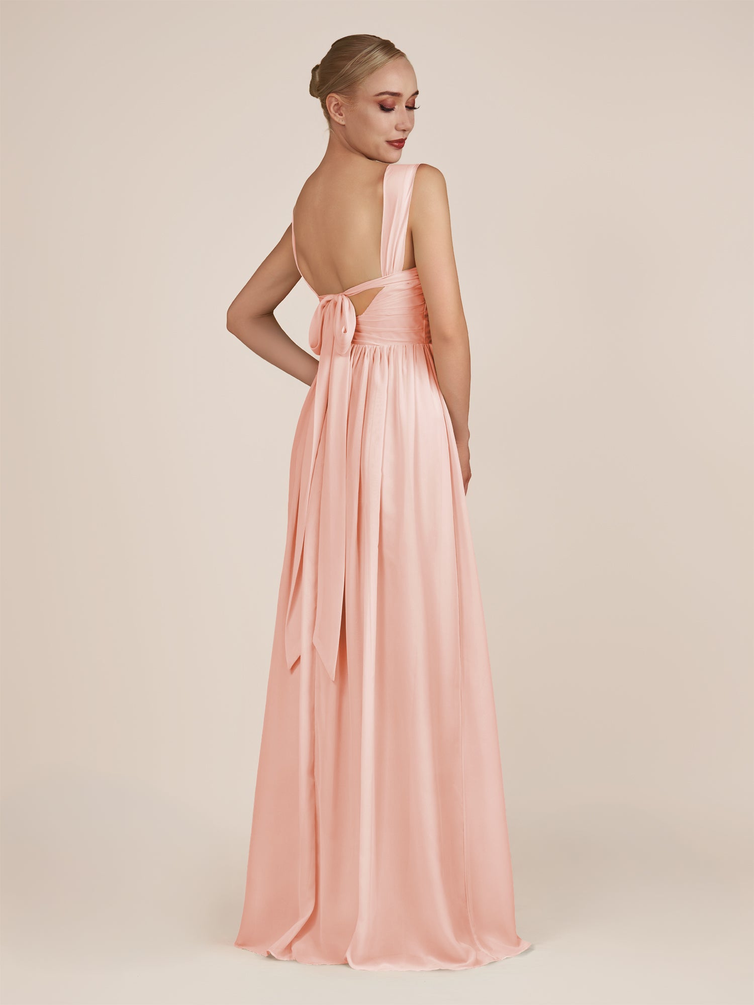 KissDress-Azura Rose Petal A-Line V Neck Chiffon Pleated Long Bridesmaid Dress with Slit