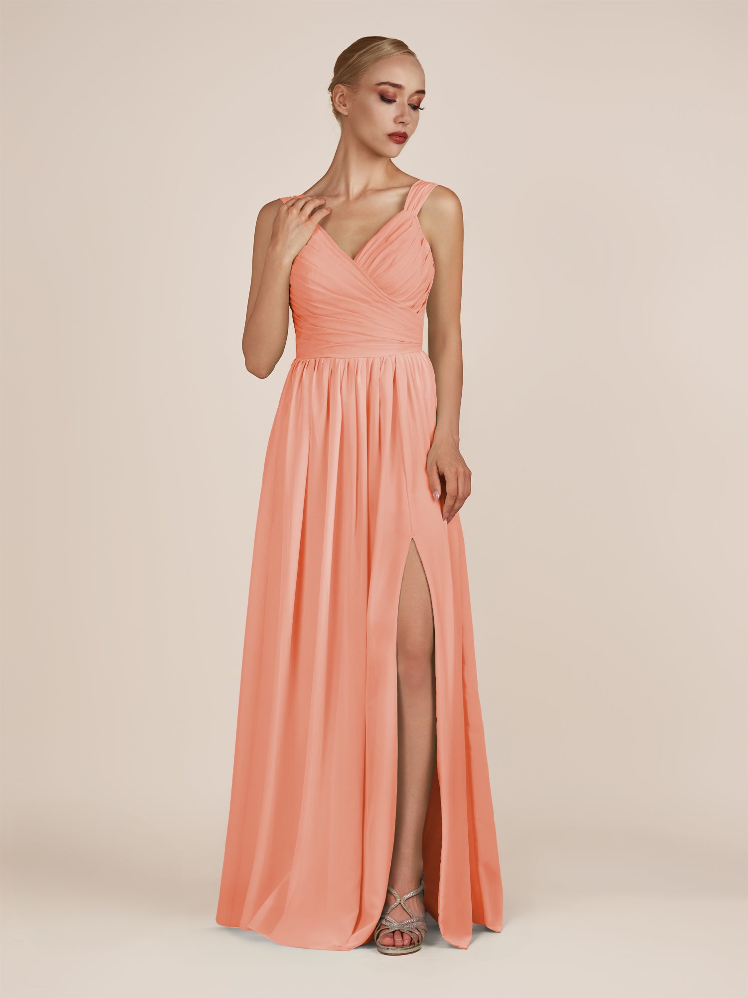 KissDress-Azura Rosette A-Line V Neck Chiffon Pleated Long Bridesmaid Dress with Slit