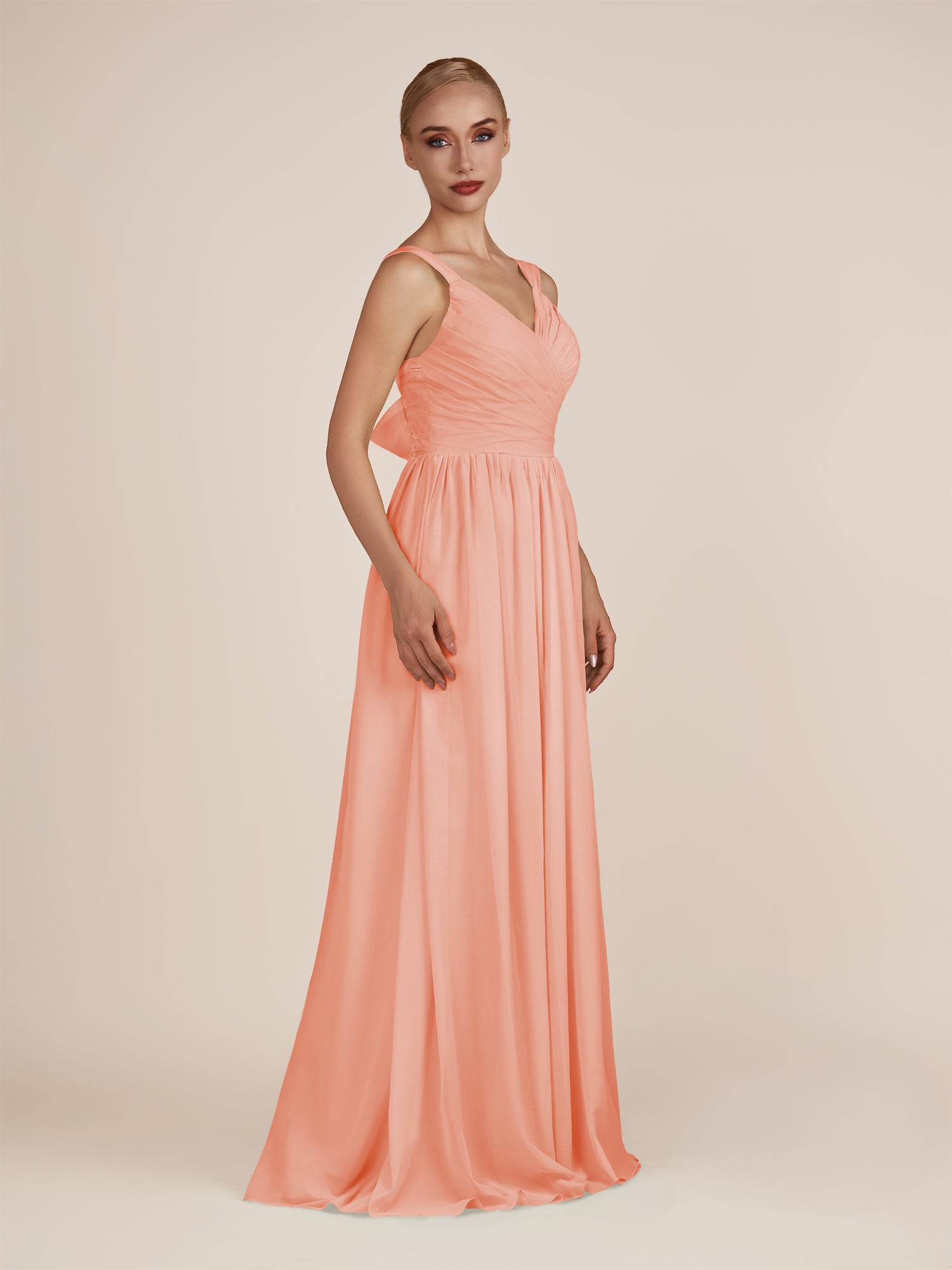 KissDress-Azura Rosette A-Line V Neck Chiffon Pleated Long Bridesmaid Dress with Slit