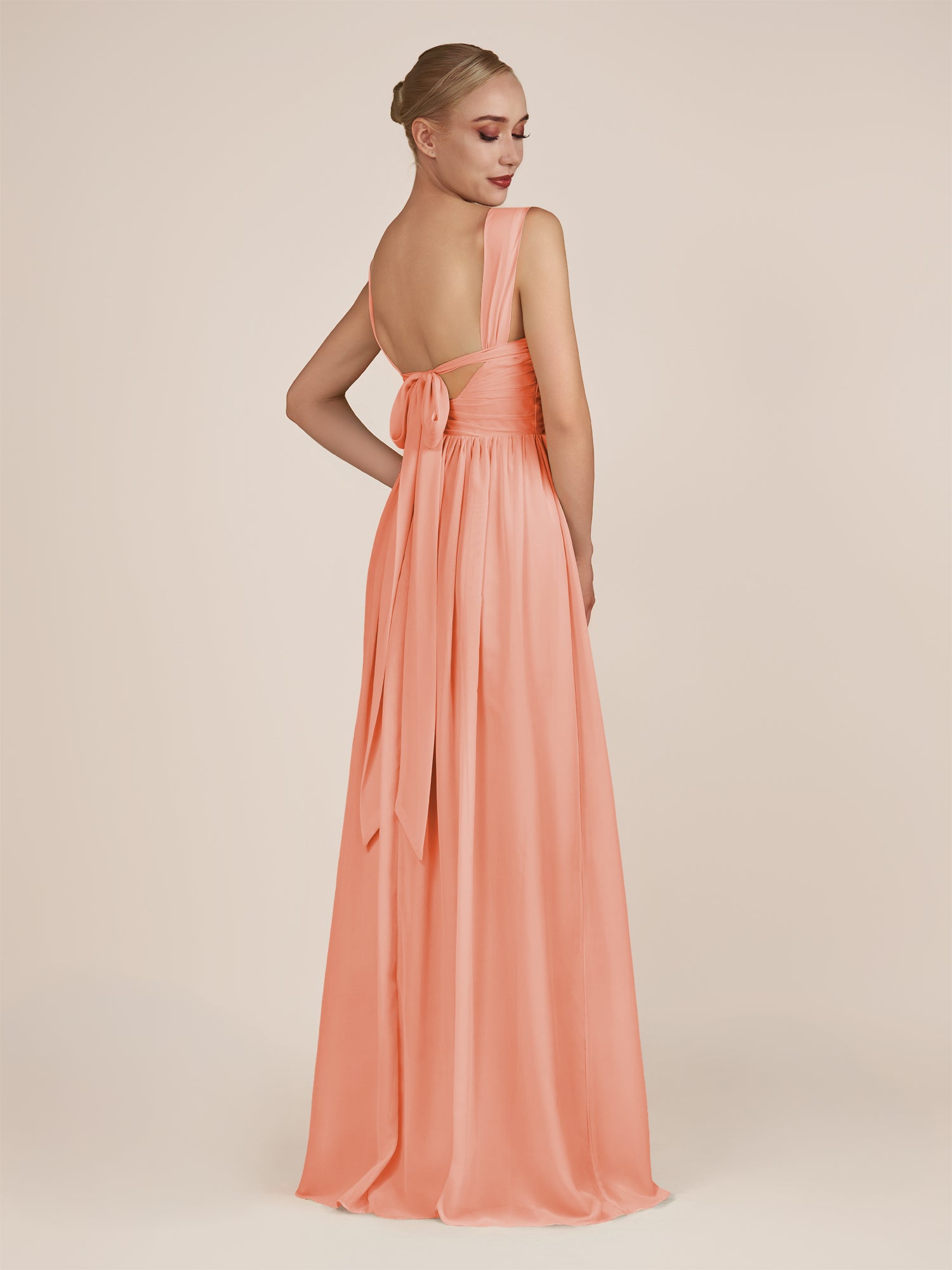 KissDress-Azura Rosette A-Line V Neck Chiffon Pleated Long Bridesmaid Dress with Slit