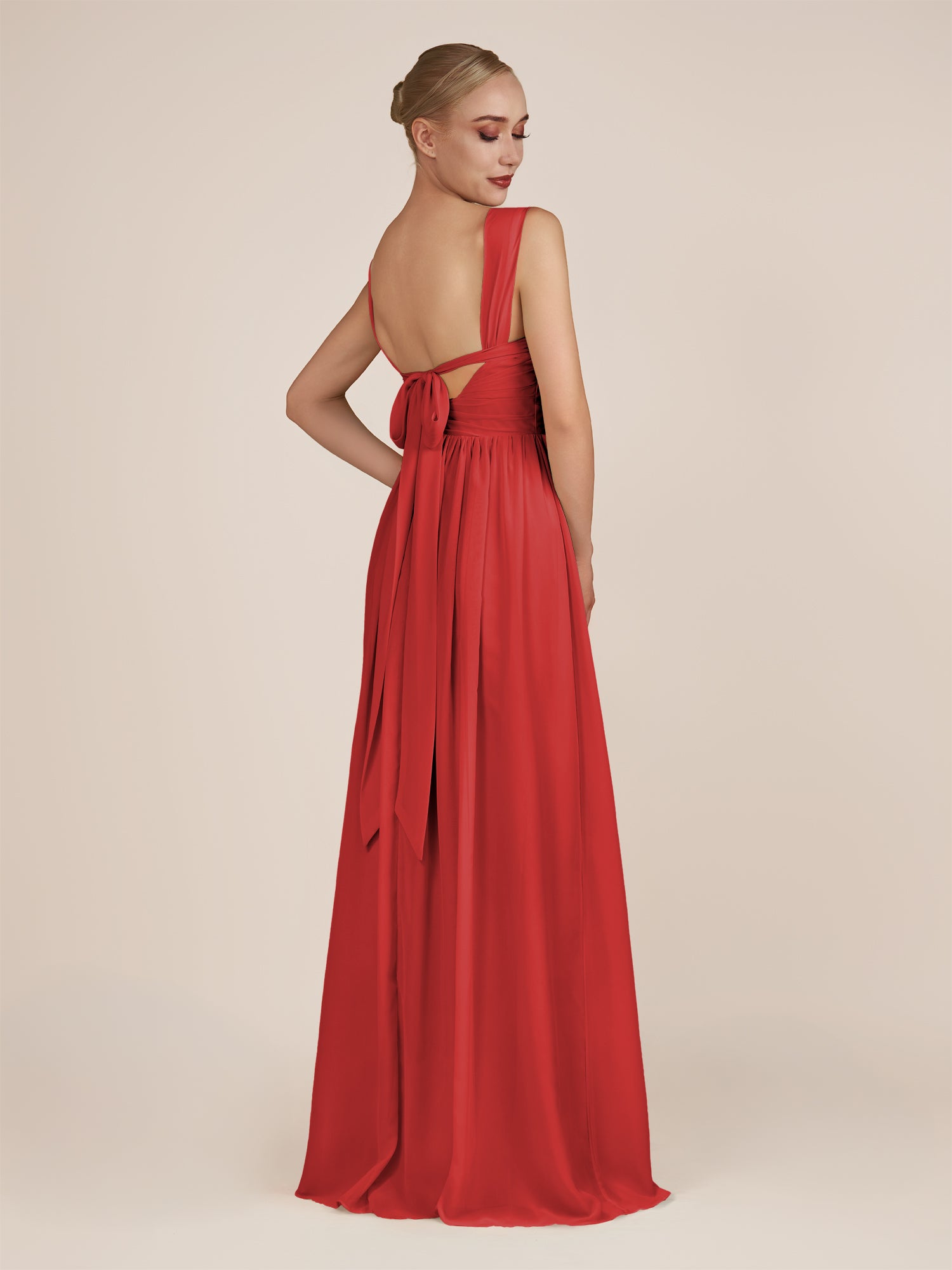 KissDress-Azura Ruby Red A-Line V Neck Chiffon Pleated Long Bridesmaid Dress with Slit