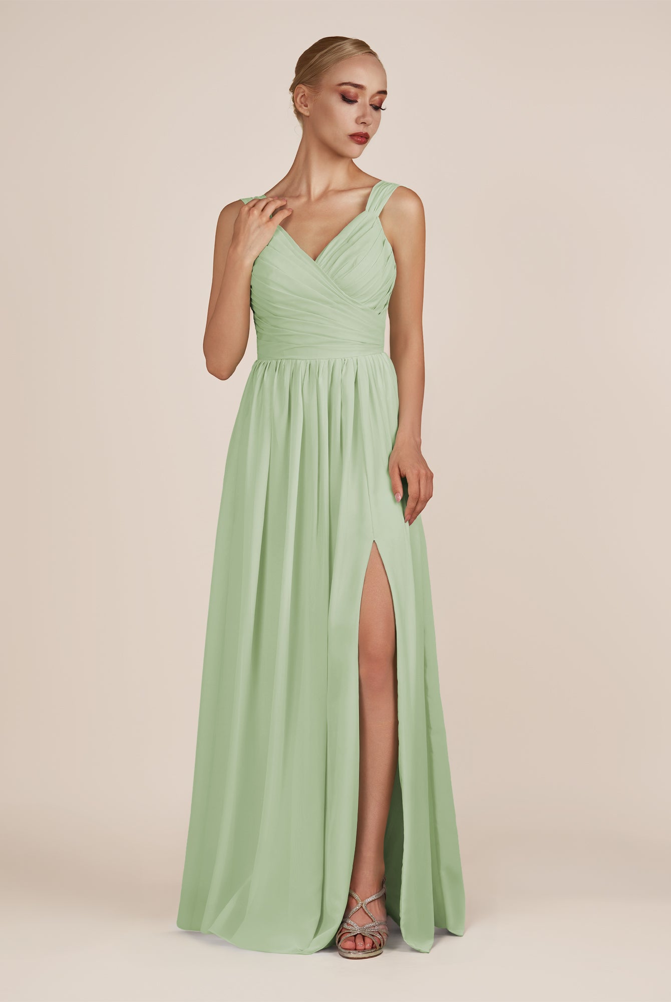 KissDress-Azura Sage A-Line V Neck Chiffon Pleated Long Bridesmaid Dress with Slit