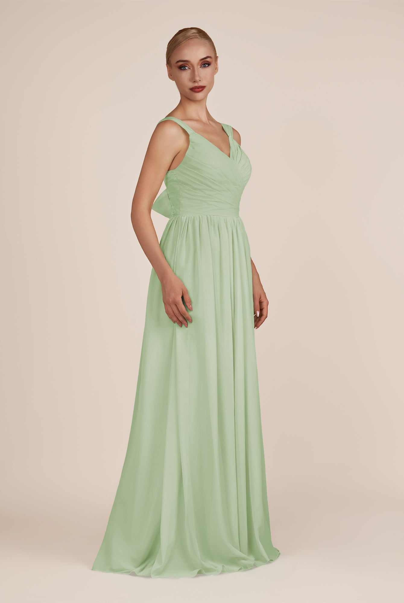 KissDress-Azura Sage A-Line V Neck Chiffon Pleated Long Bridesmaid Dress with Slit