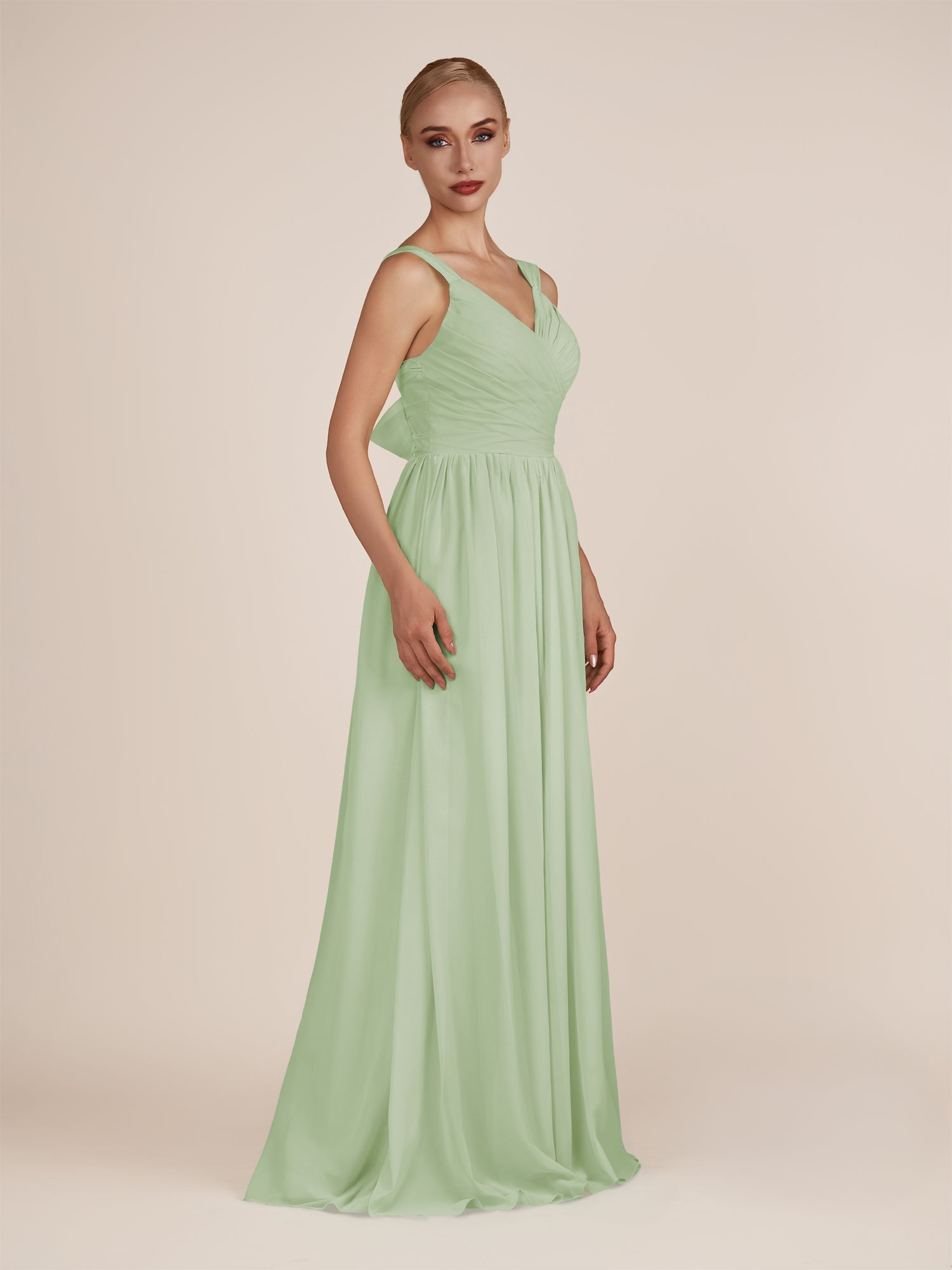 KissDress-Azura Sage A-Line V Neck Chiffon Pleated Long Bridesmaid Dress with Slit