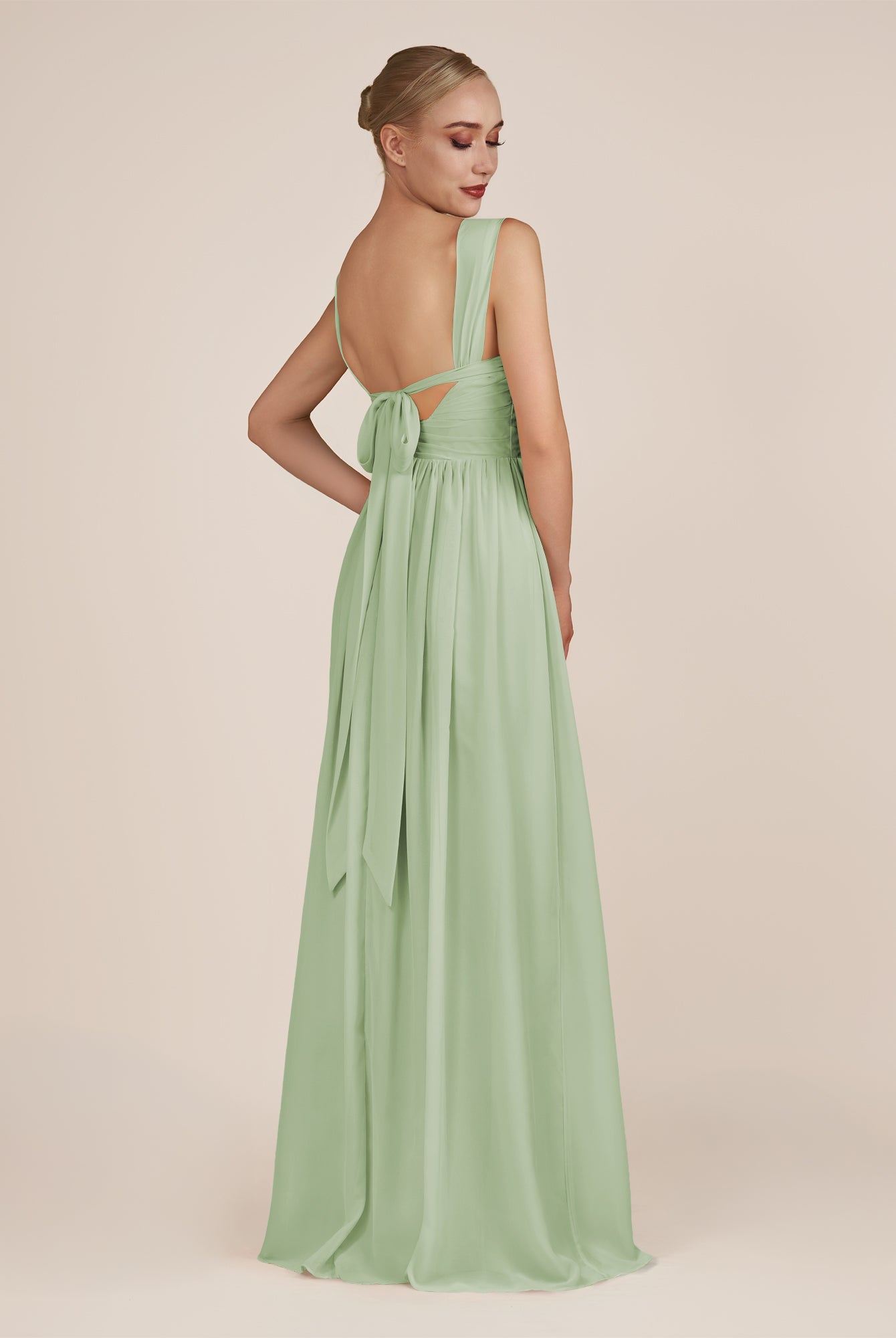 KissDress-Azura Sage A-Line V Neck Chiffon Pleated Long Bridesmaid Dress with Slit