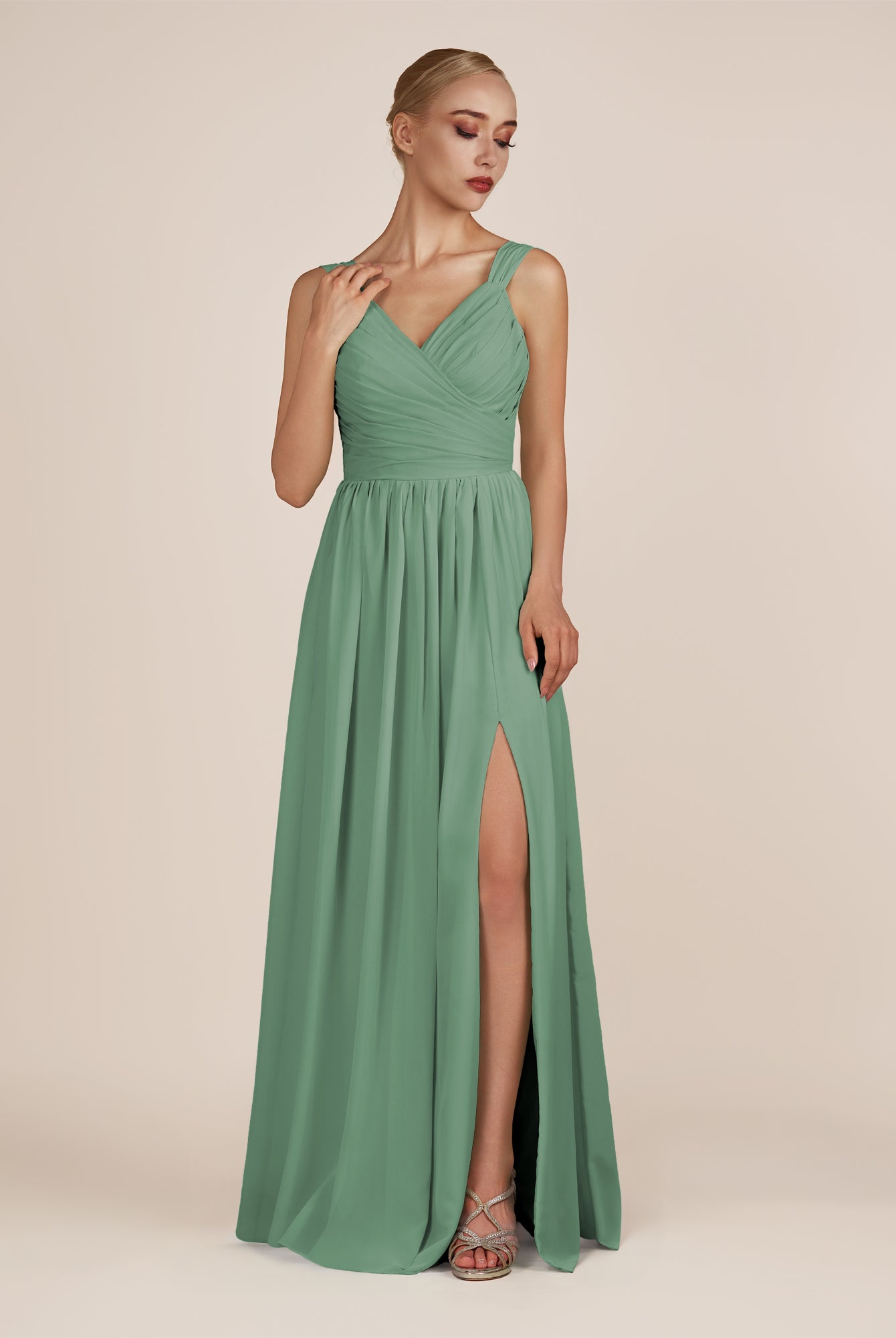 KissDress-Azura Sea Glass A-Line V Neck Chiffon Pleated Long Bridesmaid Dress with Slit