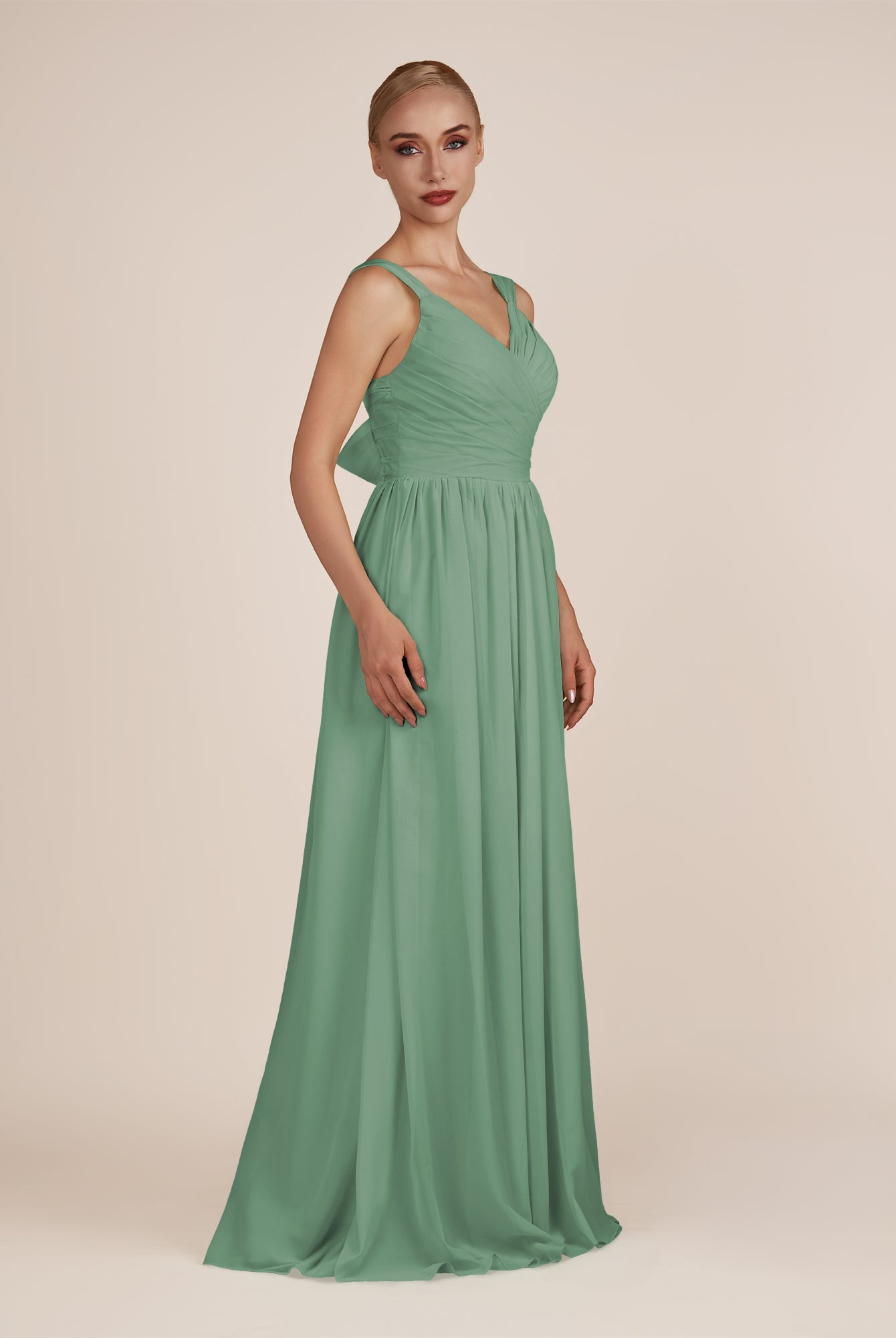 KissDress-Azura Sea Glass A-Line V Neck Chiffon Pleated Long Bridesmaid Dress with Slit