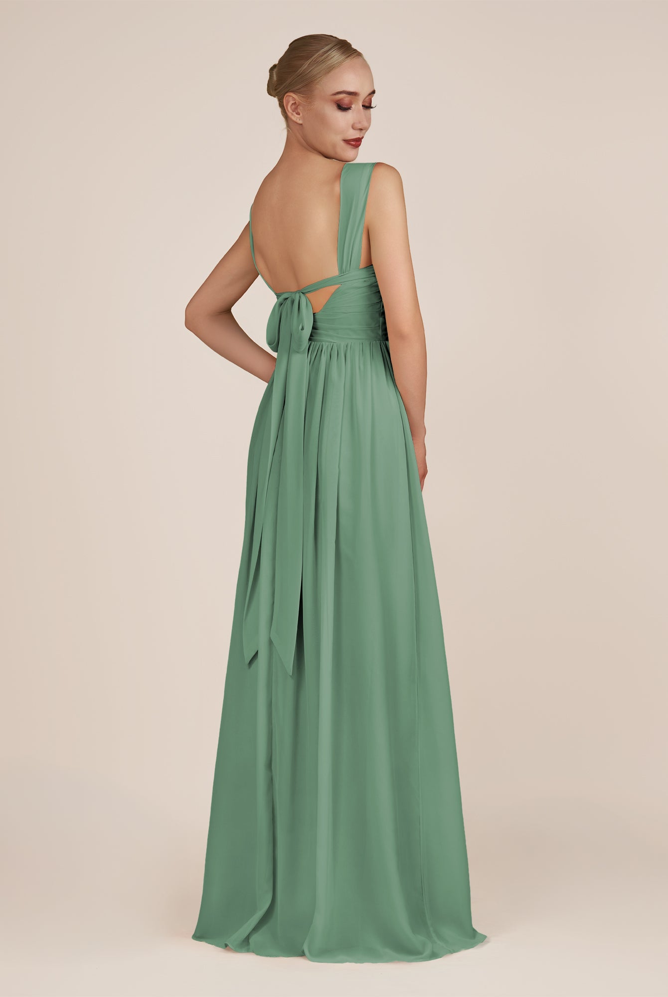 KissDress-Azura Sea Glass A-Line V Neck Chiffon Pleated Long Bridesmaid Dress with Slit