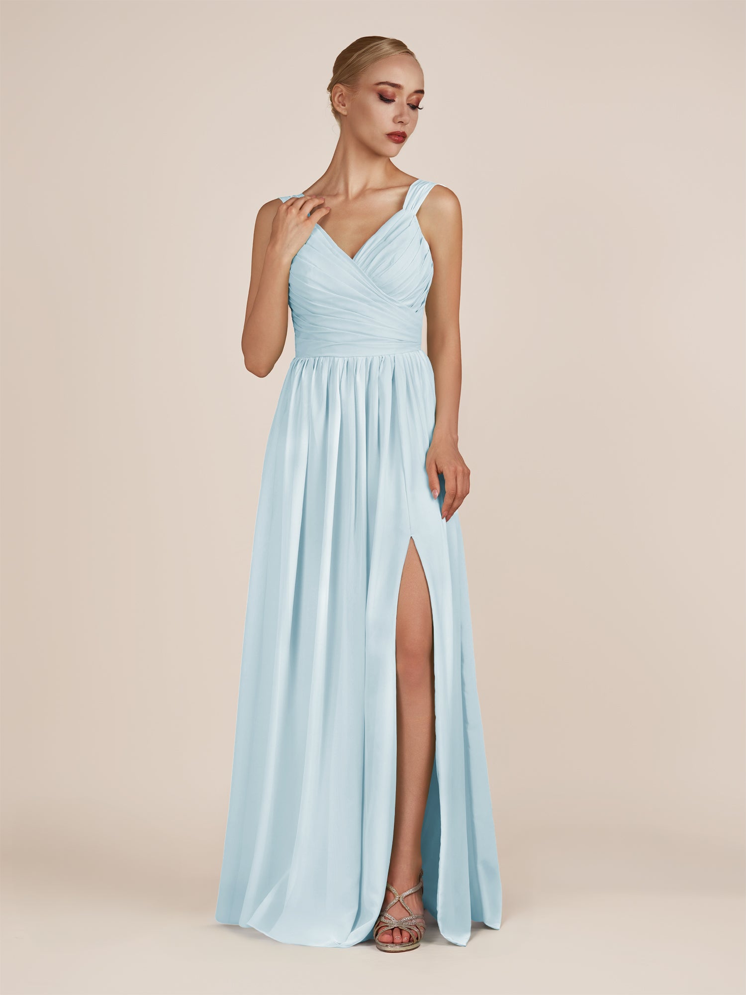 KissDress-Azura Sky Blue A-Line V Neck Chiffon Pleated Long Bridesmaid Dress with Slit
