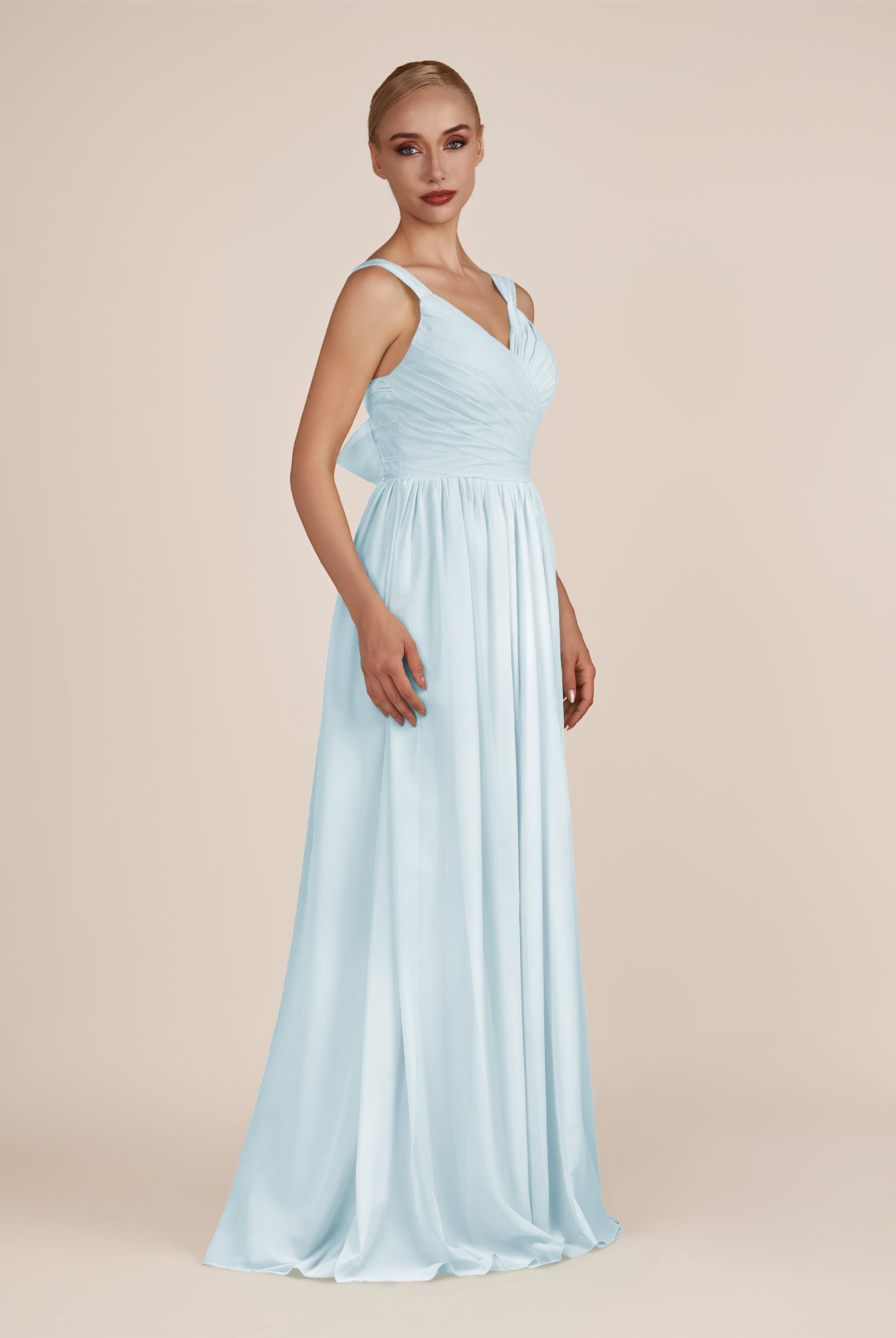 KissDress-Azura Sky Blue A-Line V Neck Chiffon Pleated Long Bridesmaid Dress with Slit