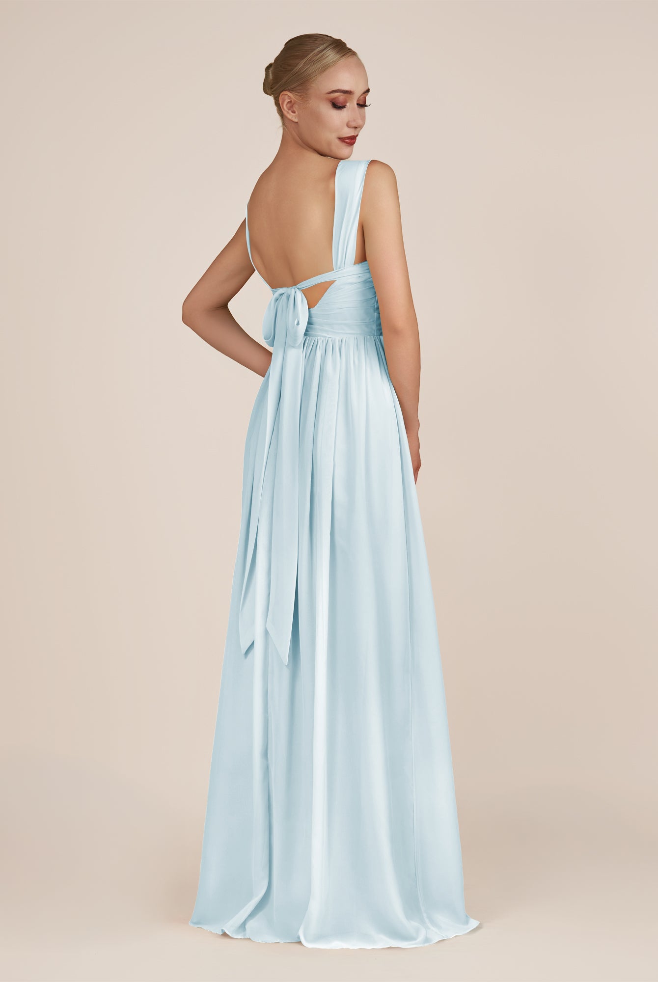 KissDress-Azura Sky Blue A-Line V Neck Chiffon Pleated Long Bridesmaid Dress with Slit
