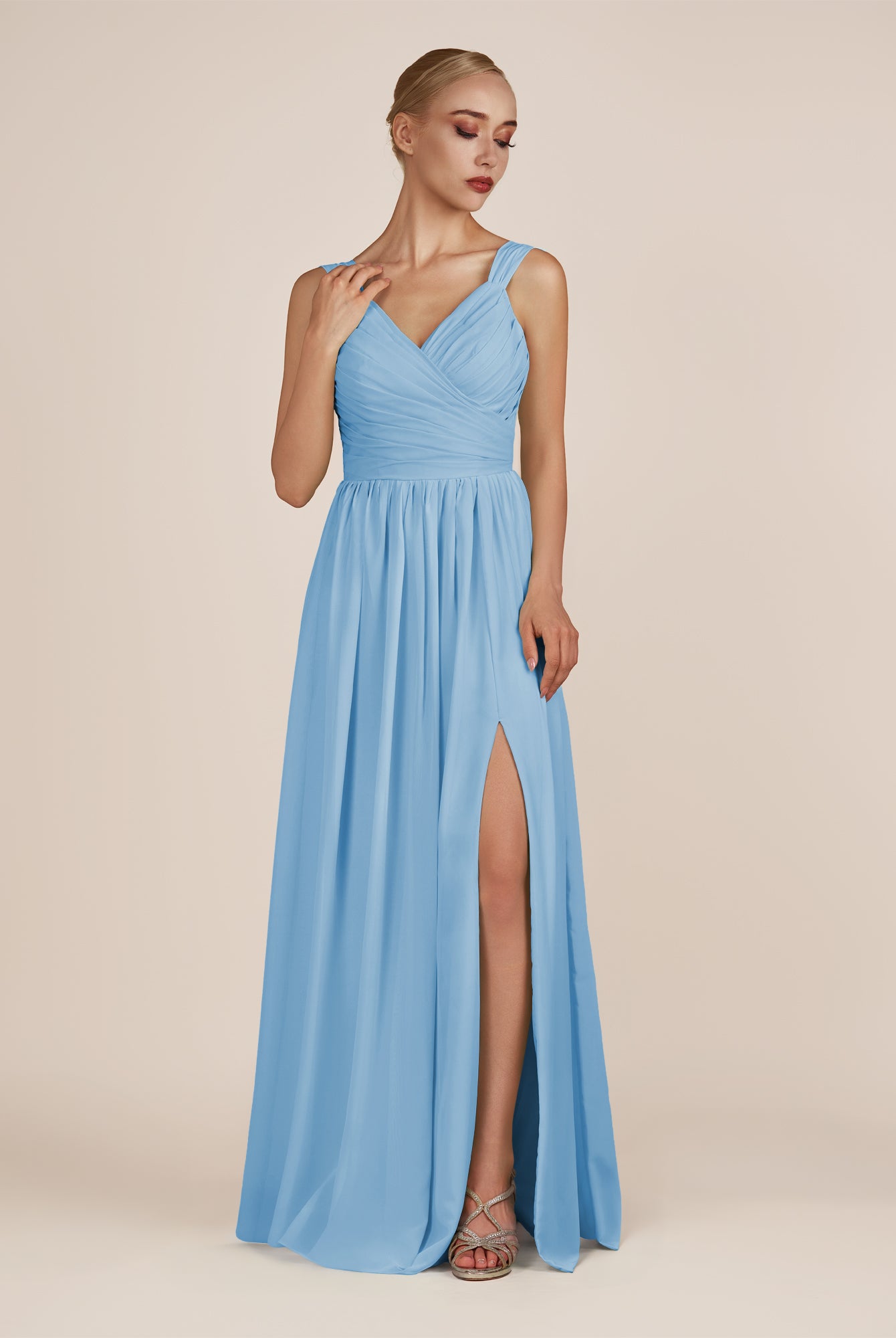 KissDress-Azura Steel Blue A-Line V Neck Chiffon Pleated Long Bridesmaid Dress with Slit