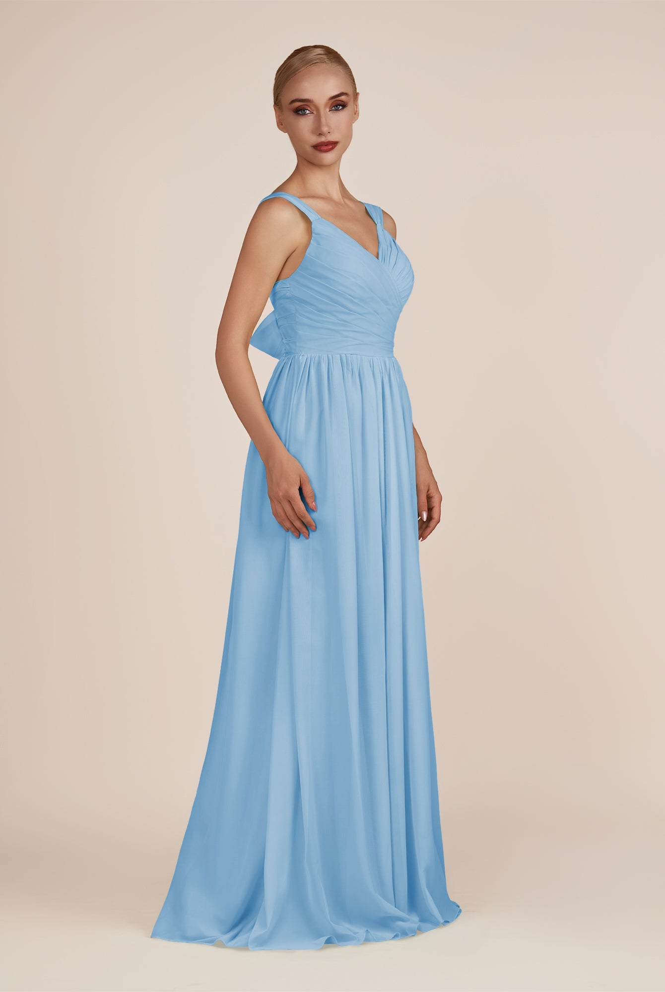 KissDress-Azura Steel Blue A-Line V Neck Chiffon Pleated Long Bridesmaid Dress with Slit