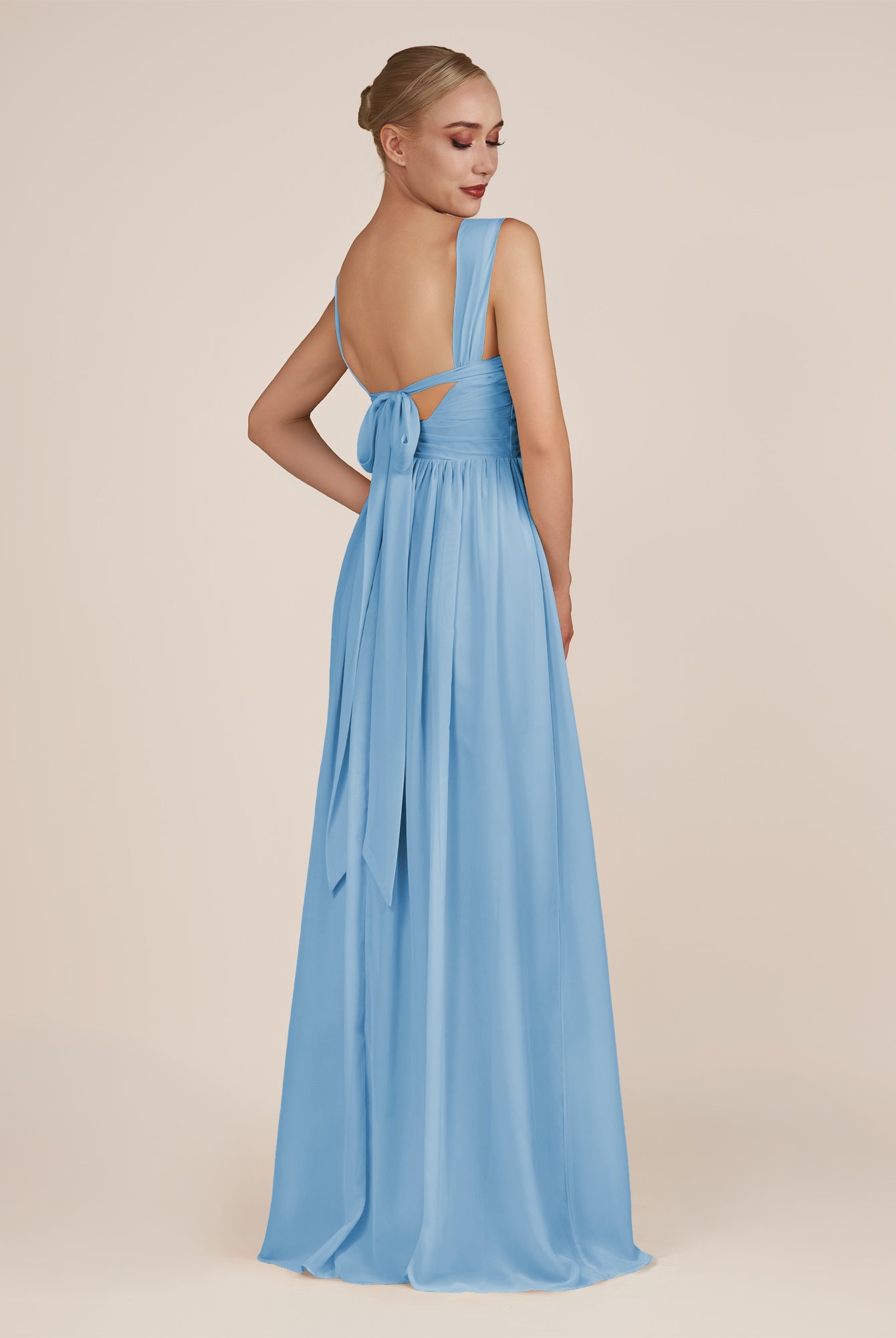 KissDress-Azura Steel Blue A-Line V Neck Chiffon Pleated Long Bridesmaid Dress with Slit
