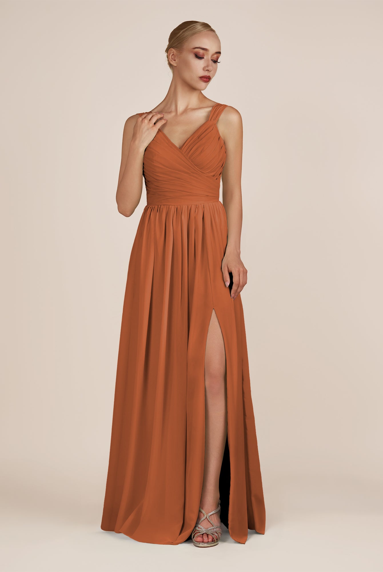KissDress-Azura Terracotta A-Line V Neck Chiffon Pleated Long Bridesmaid Dress with Slit