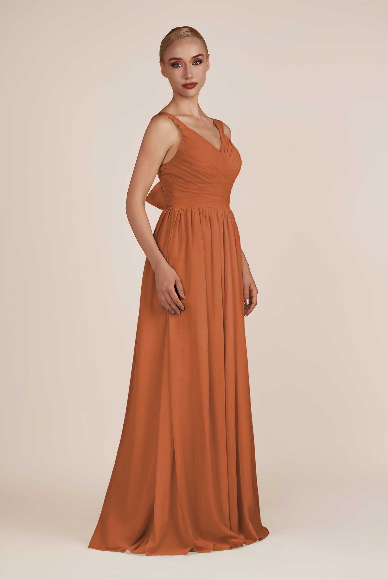 KissDress-Azura Terracotta A-Line V Neck Chiffon Pleated Long Bridesmaid Dress with Slit