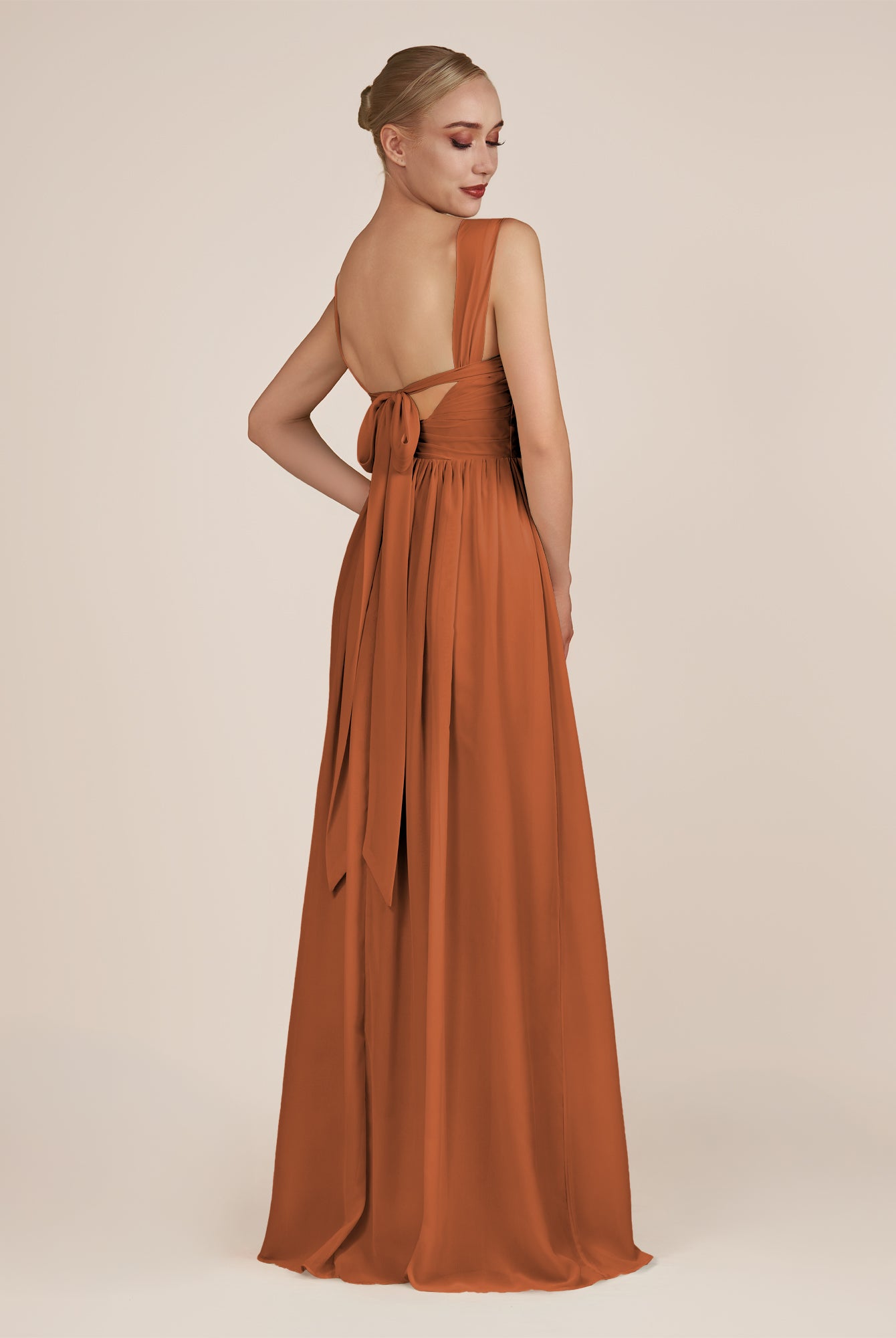 KissDress-Azura Terracotta A-Line V Neck Chiffon Pleated Long Bridesmaid Dress with Slit