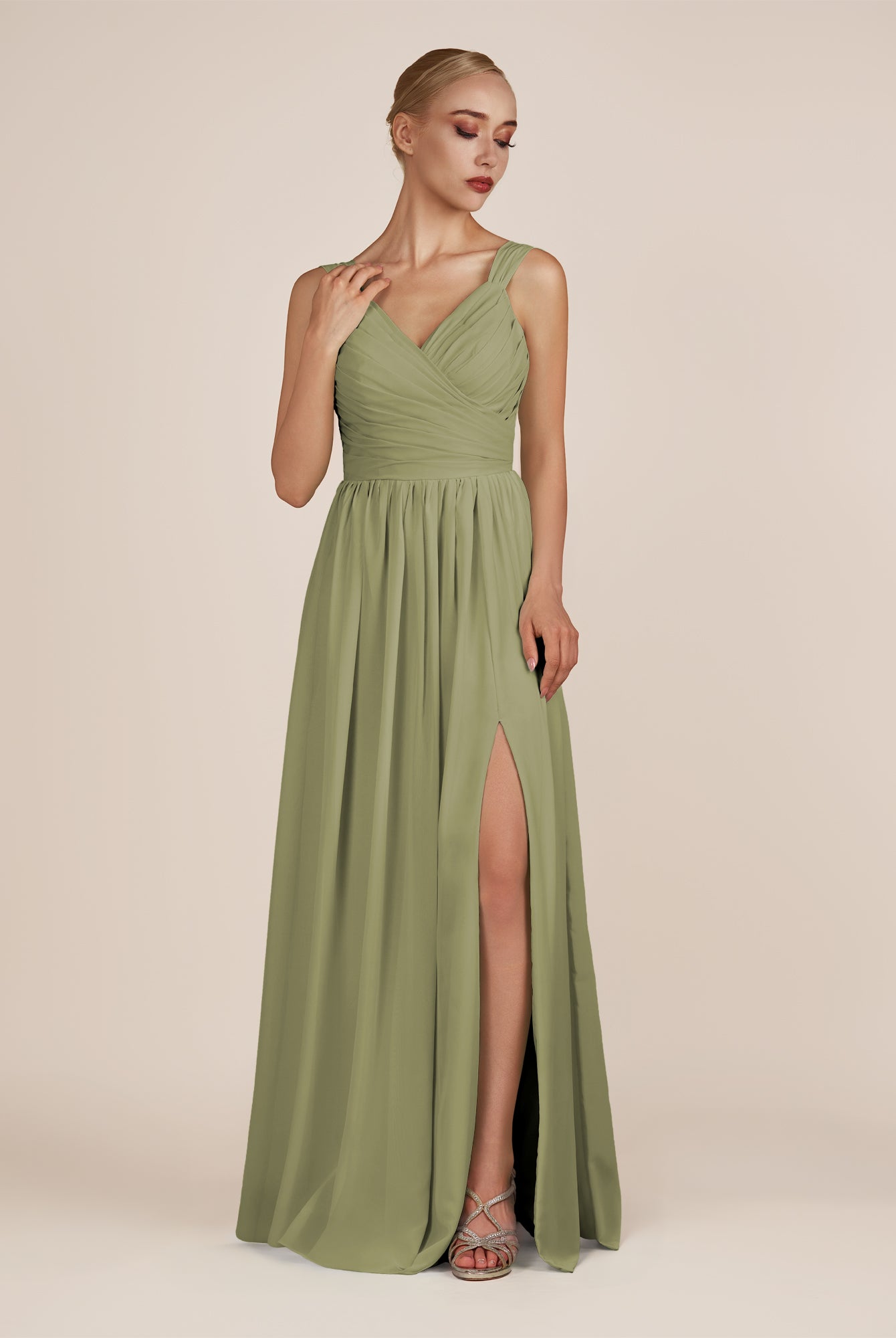 KissDress-Azura Thyme A-Line V Neck Chiffon Pleated Long Bridesmaid Dress with Slit