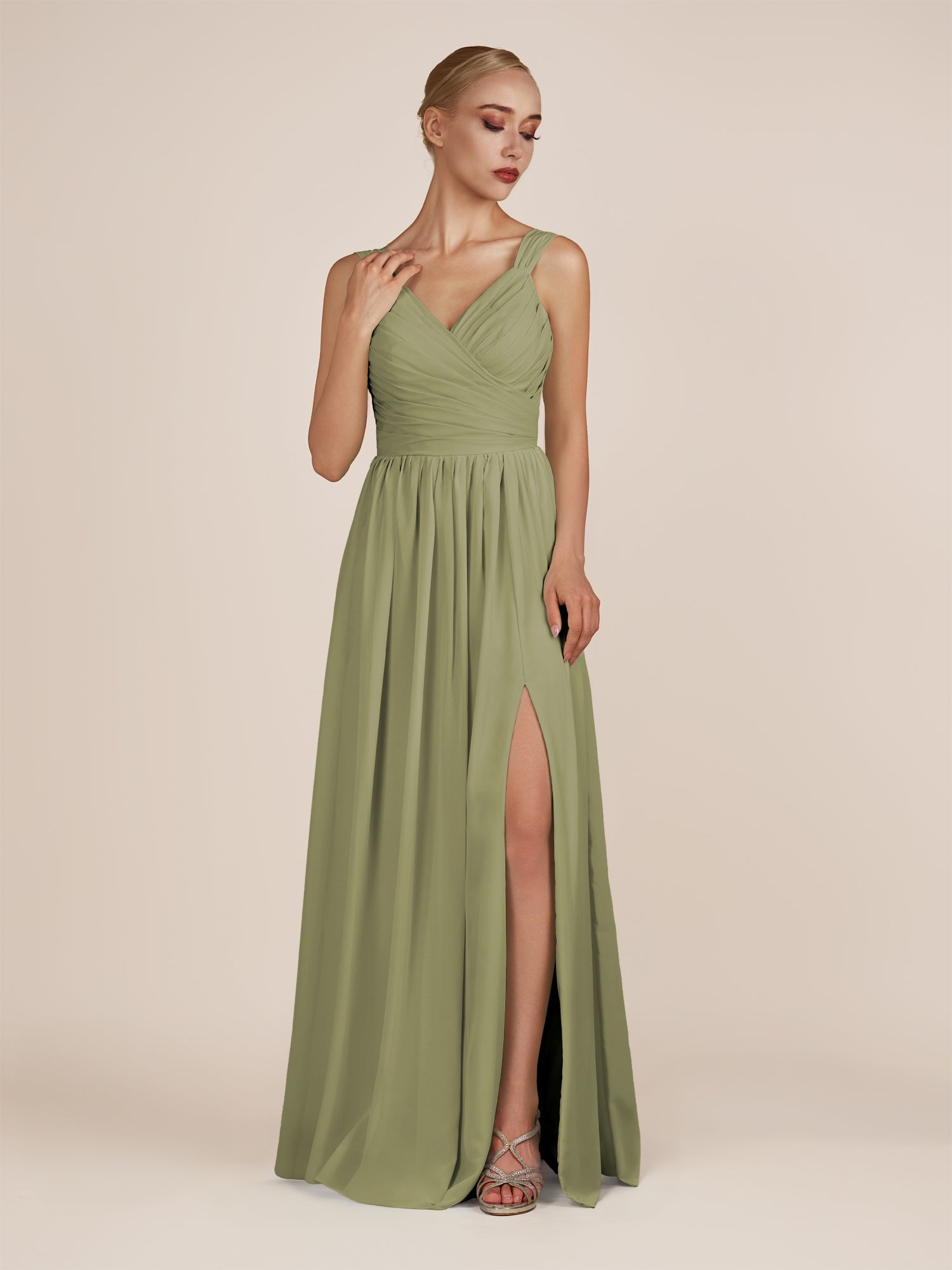KissDress-Azura Thyme A-Line V Neck Chiffon Pleated Long Bridesmaid Dress with Slit