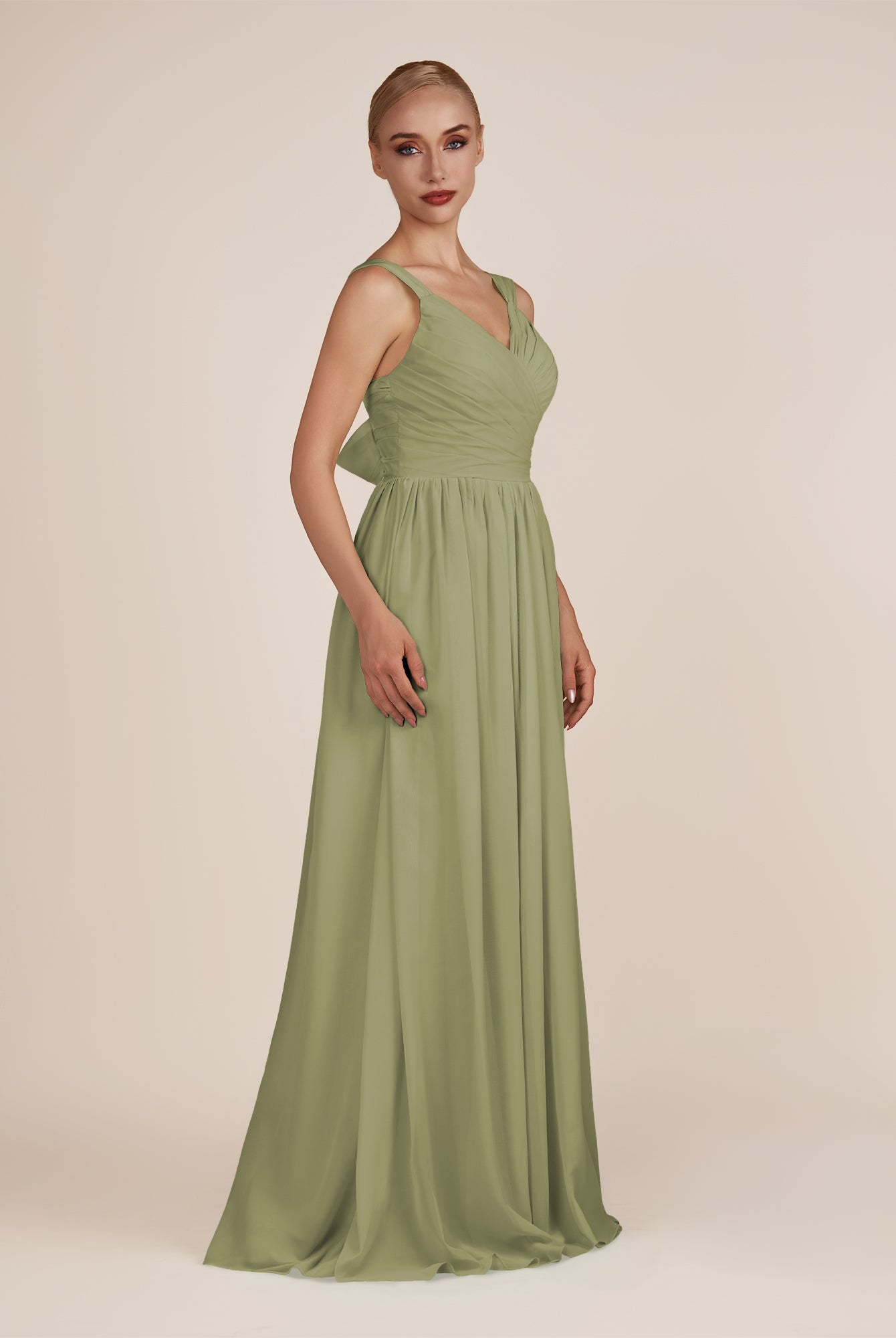 KissDress-Azura Thyme A-Line V Neck Chiffon Pleated Long Bridesmaid Dress with Slit