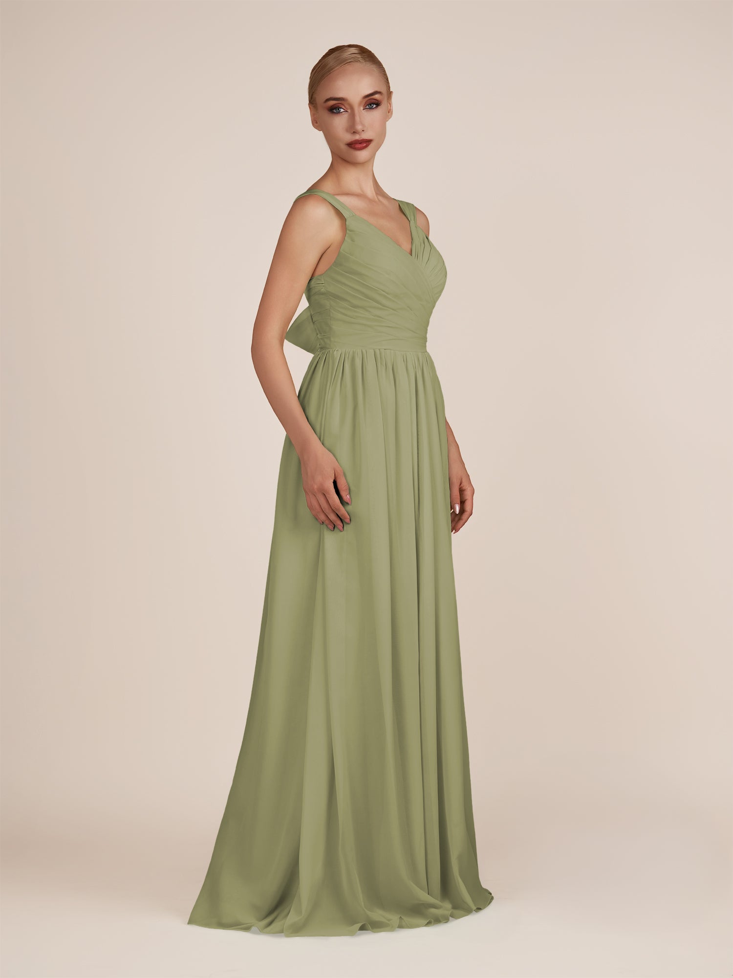KissDress-Azura Thyme A-Line V Neck Chiffon Pleated Long Bridesmaid Dress with Slit