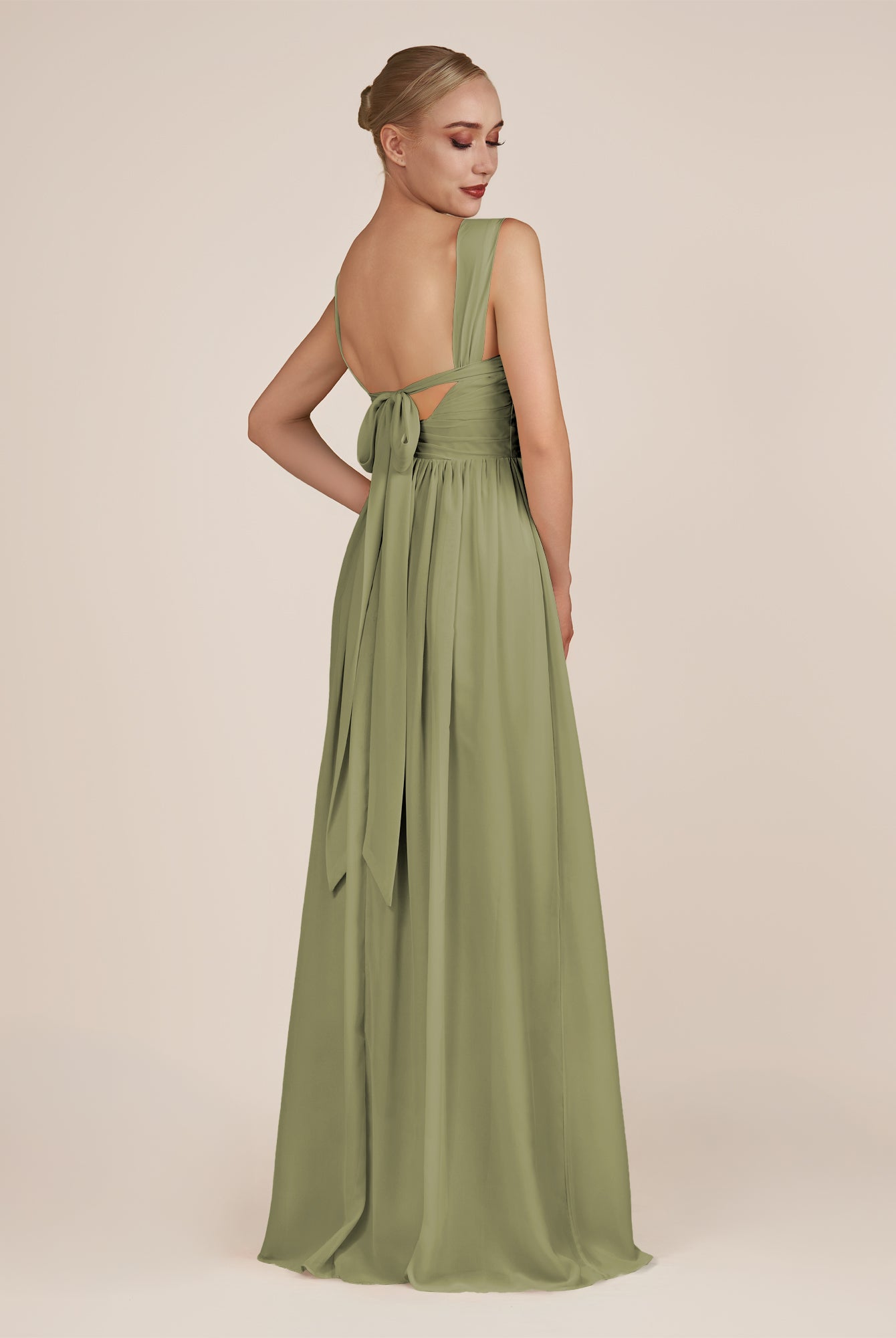 KissDress-Azura Thyme A-Line V Neck Chiffon Pleated Long Bridesmaid Dress with Slit