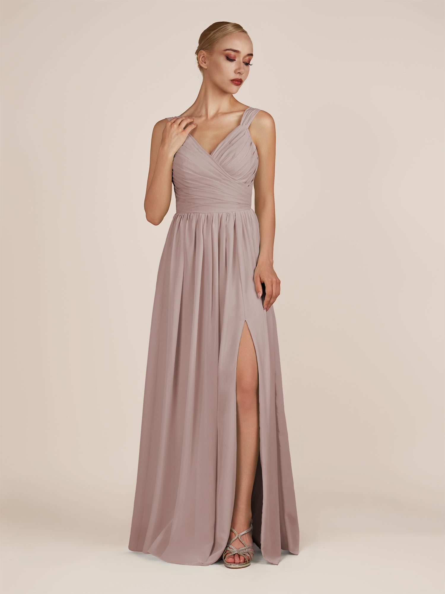 KissDress-Azura Toffee A-Line V Neck Chiffon Pleated Long Bridesmaid Dress with Slit
