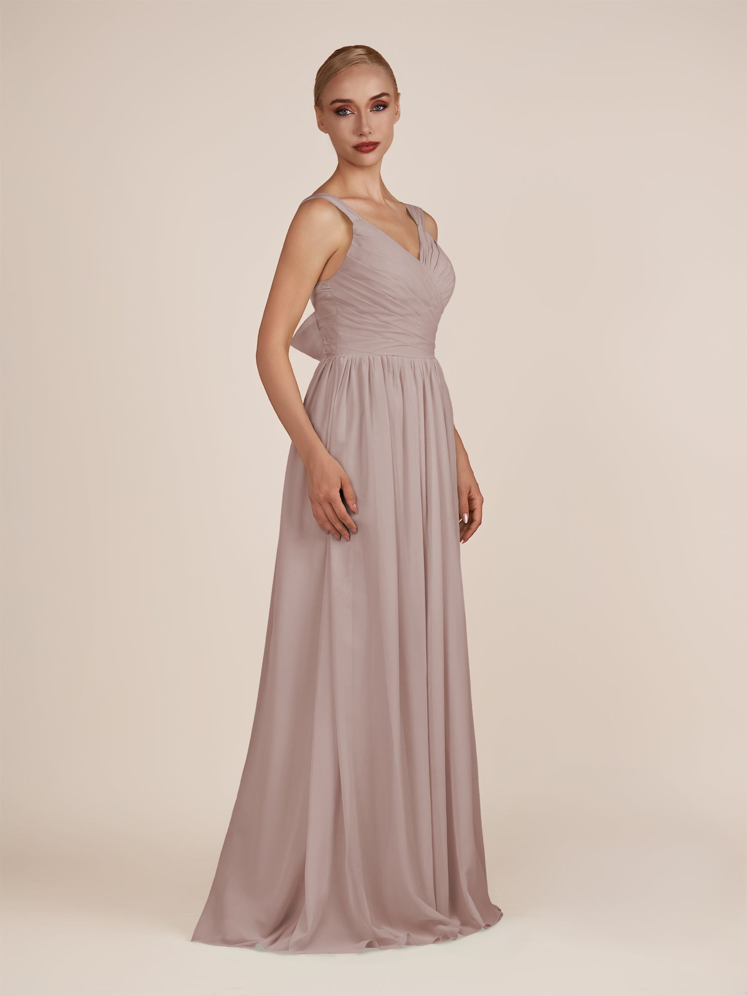 KissDress-Azura Toffee A-Line V Neck Chiffon Pleated Long Bridesmaid Dress with Slit