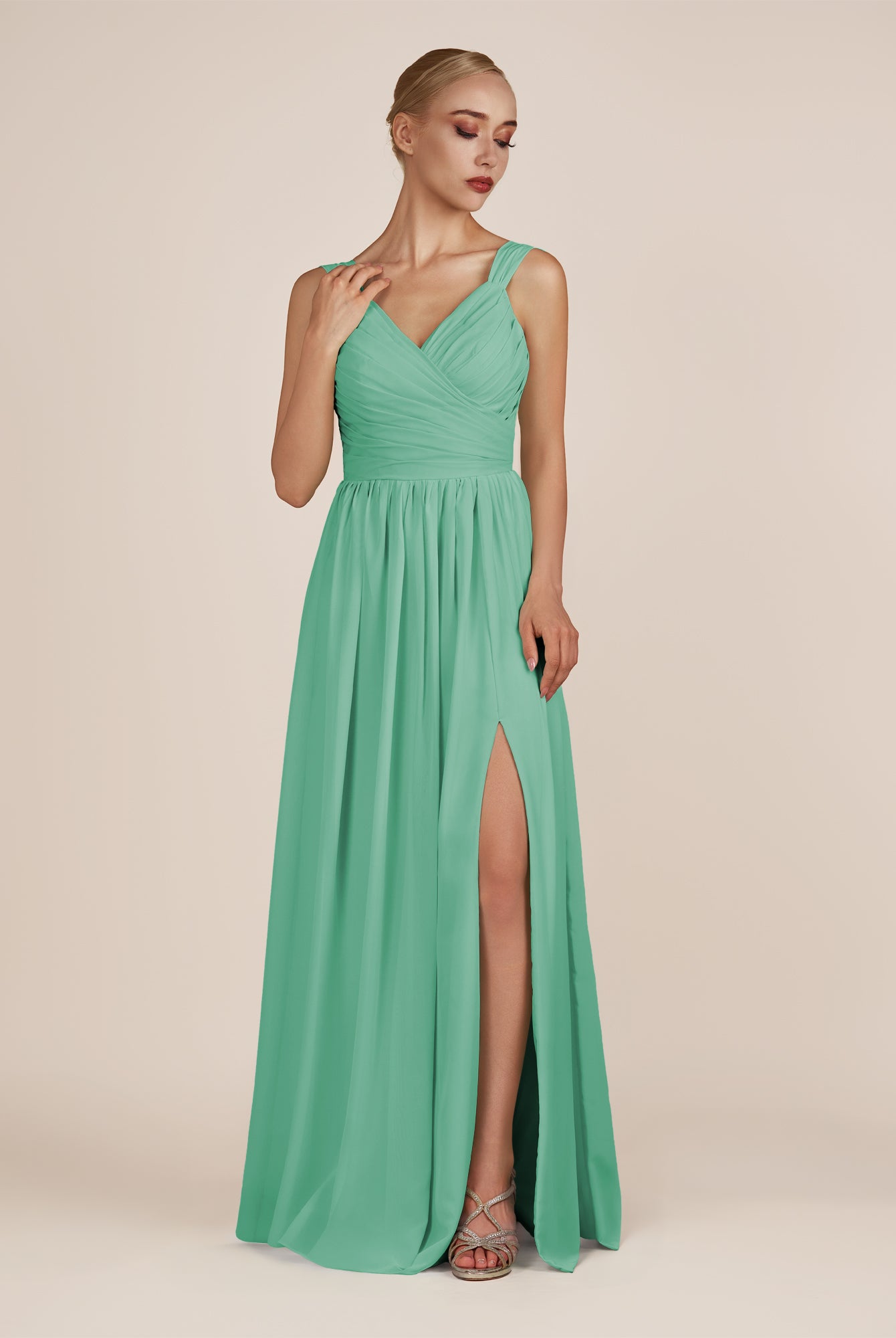 KissDress-Azura Turquoise A-Line V Neck Chiffon Pleated Long Bridesmaid Dress with Slit
