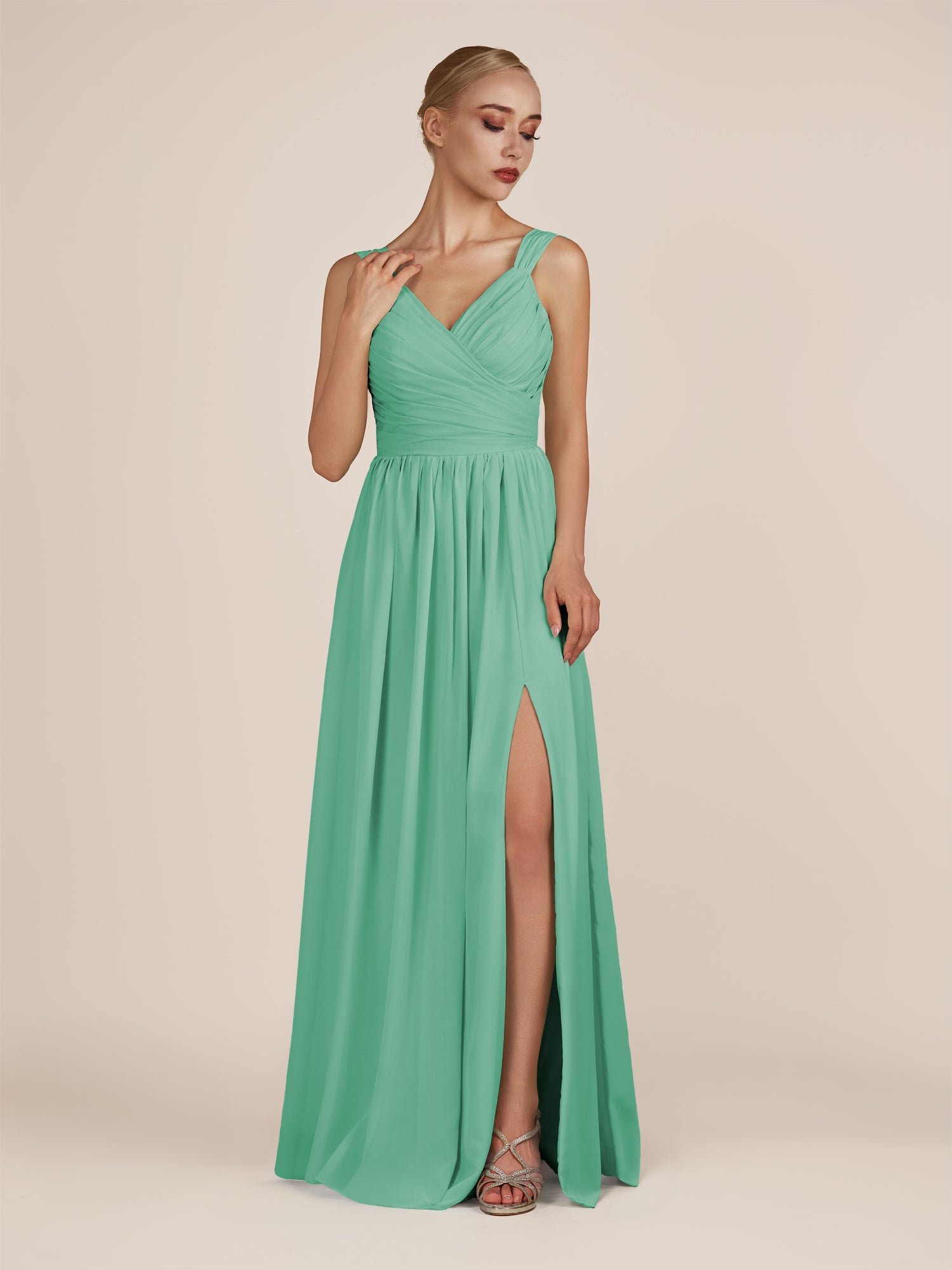 KissDress-Azura Turquoise A-Line V Neck Chiffon Pleated Long Bridesmaid Dress with Slit