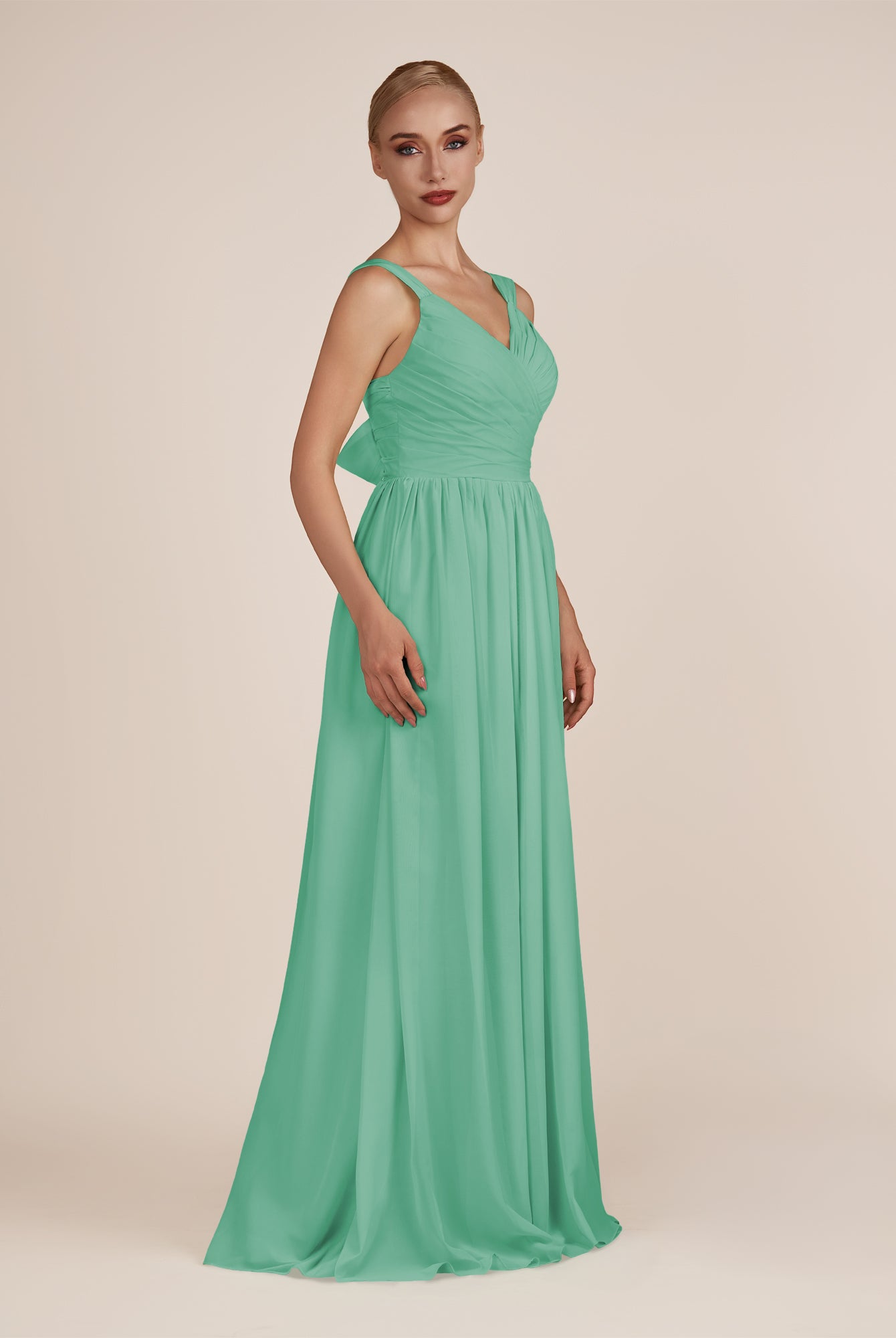 KissDress-Azura Turquoise A-Line V Neck Chiffon Pleated Long Bridesmaid Dress with Slit