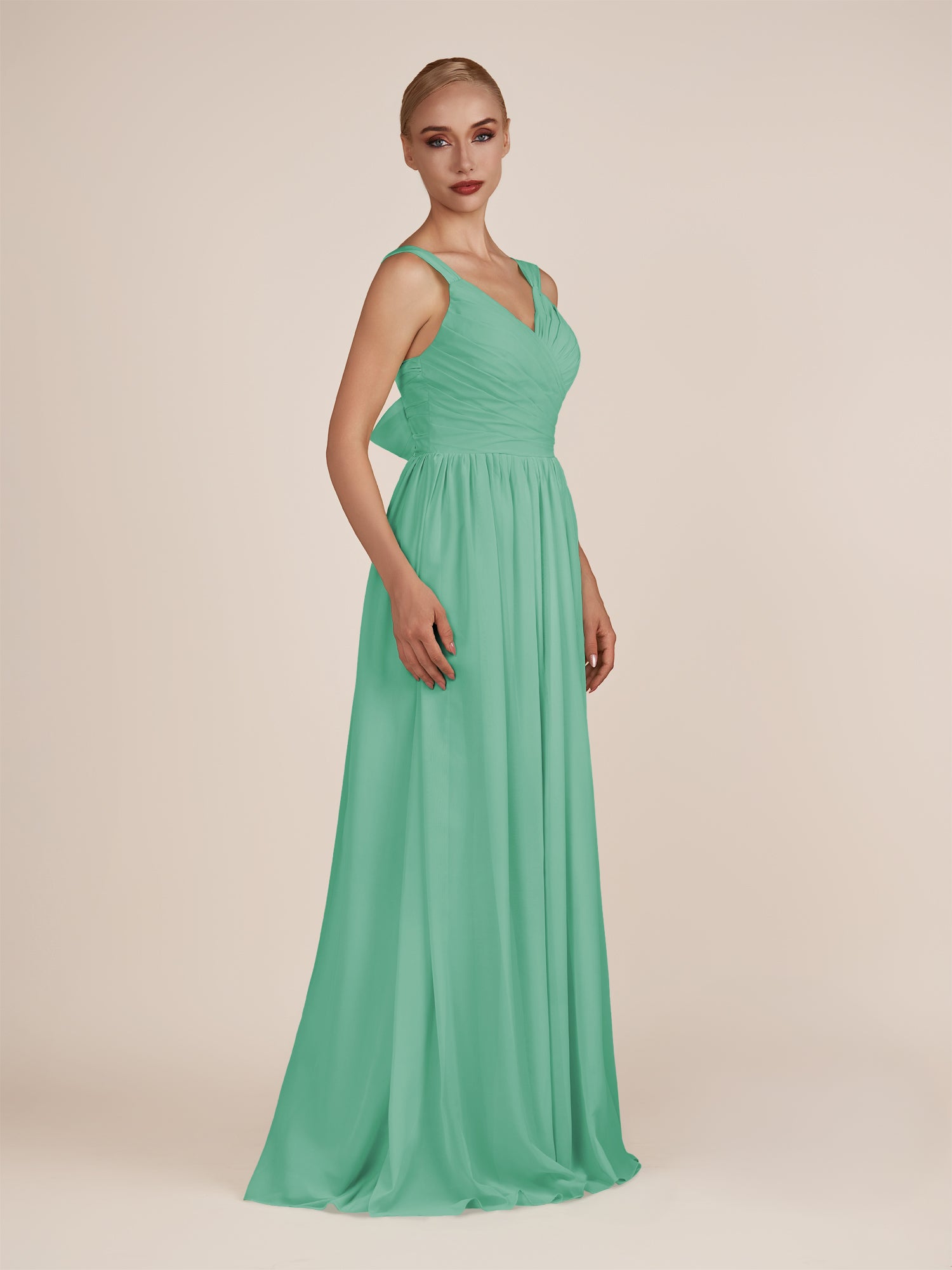 KissDress-Azura Turquoise A-Line V Neck Chiffon Pleated Long Bridesmaid Dress with Slit