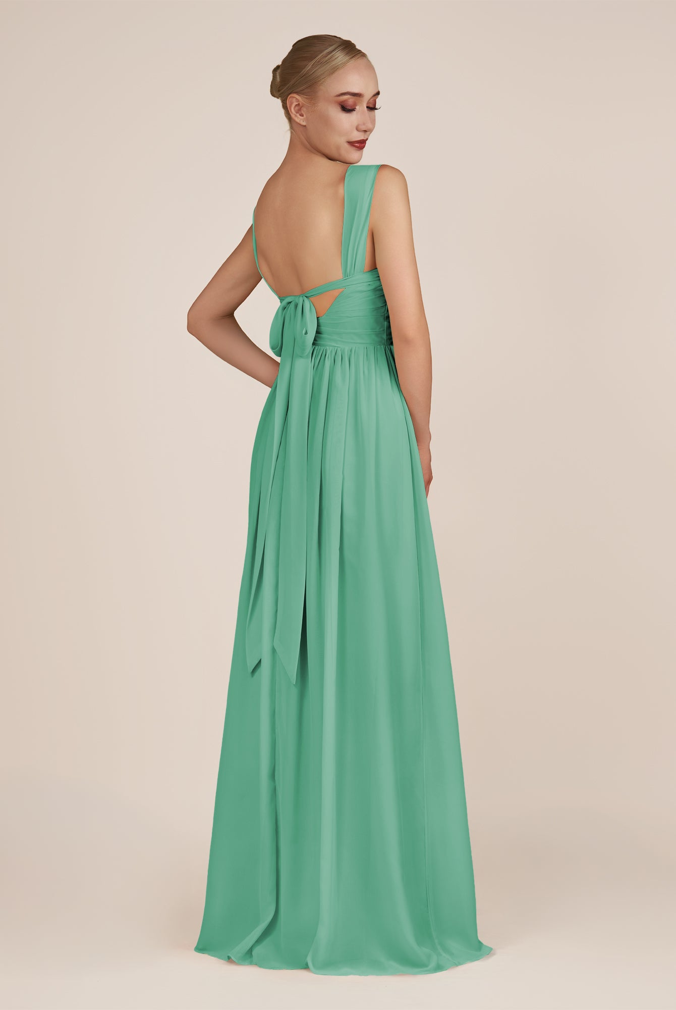 KissDress-Azura Turquoise A-Line V Neck Chiffon Pleated Long Bridesmaid Dress with Slit