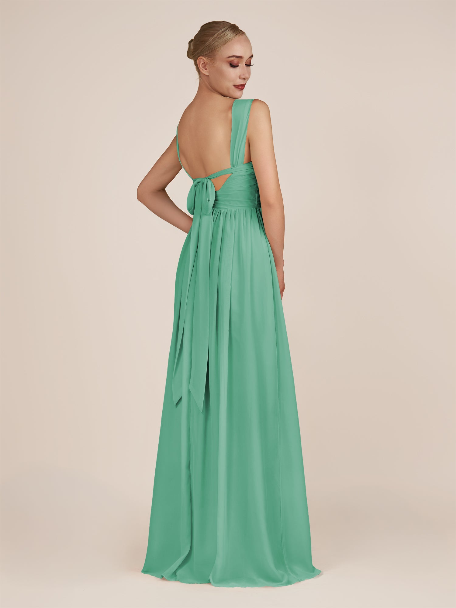 KissDress-Azura Turquoise A-Line V Neck Chiffon Pleated Long Bridesmaid Dress with Slit