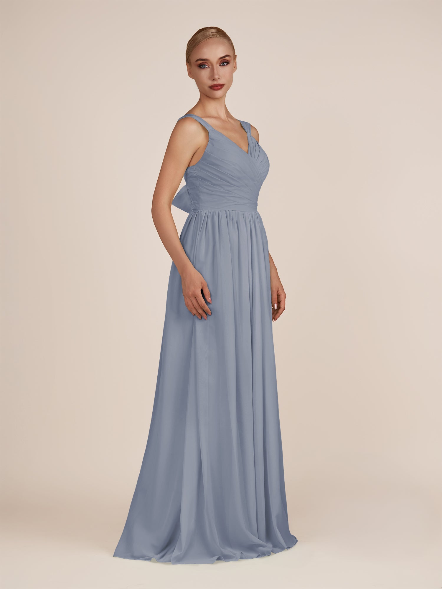 KissDress-Azura Twilight A-Line V Neck Chiffon Pleated Long Bridesmaid Dress with Slit