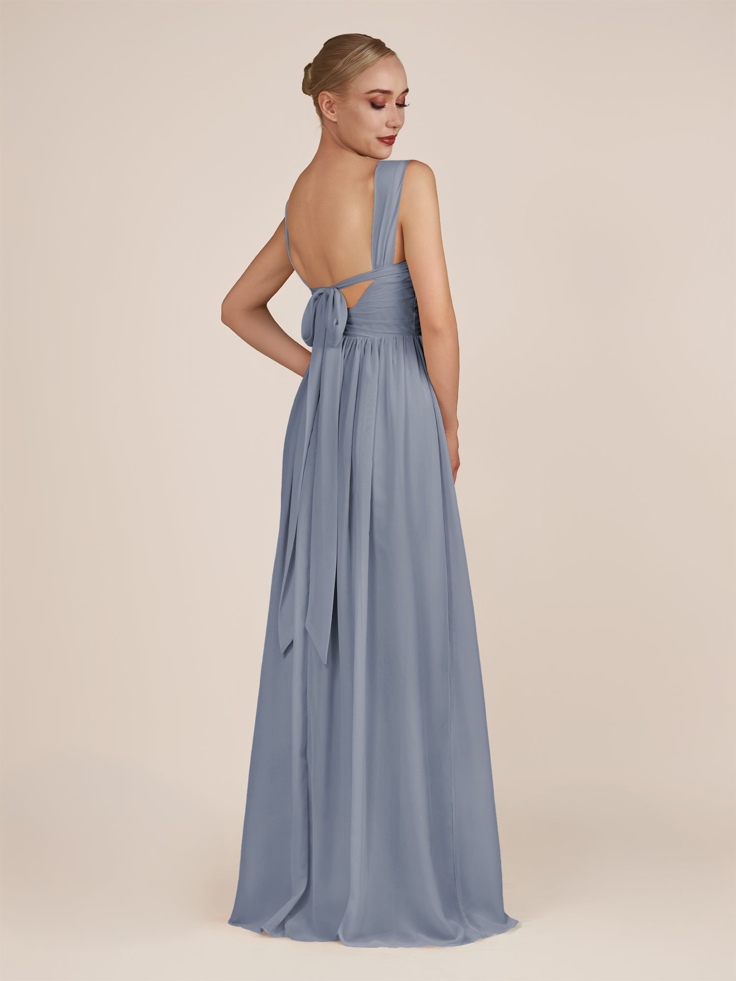 KissDress-Azura Twilight A-Line V Neck Chiffon Pleated Long Bridesmaid Dress with Slit