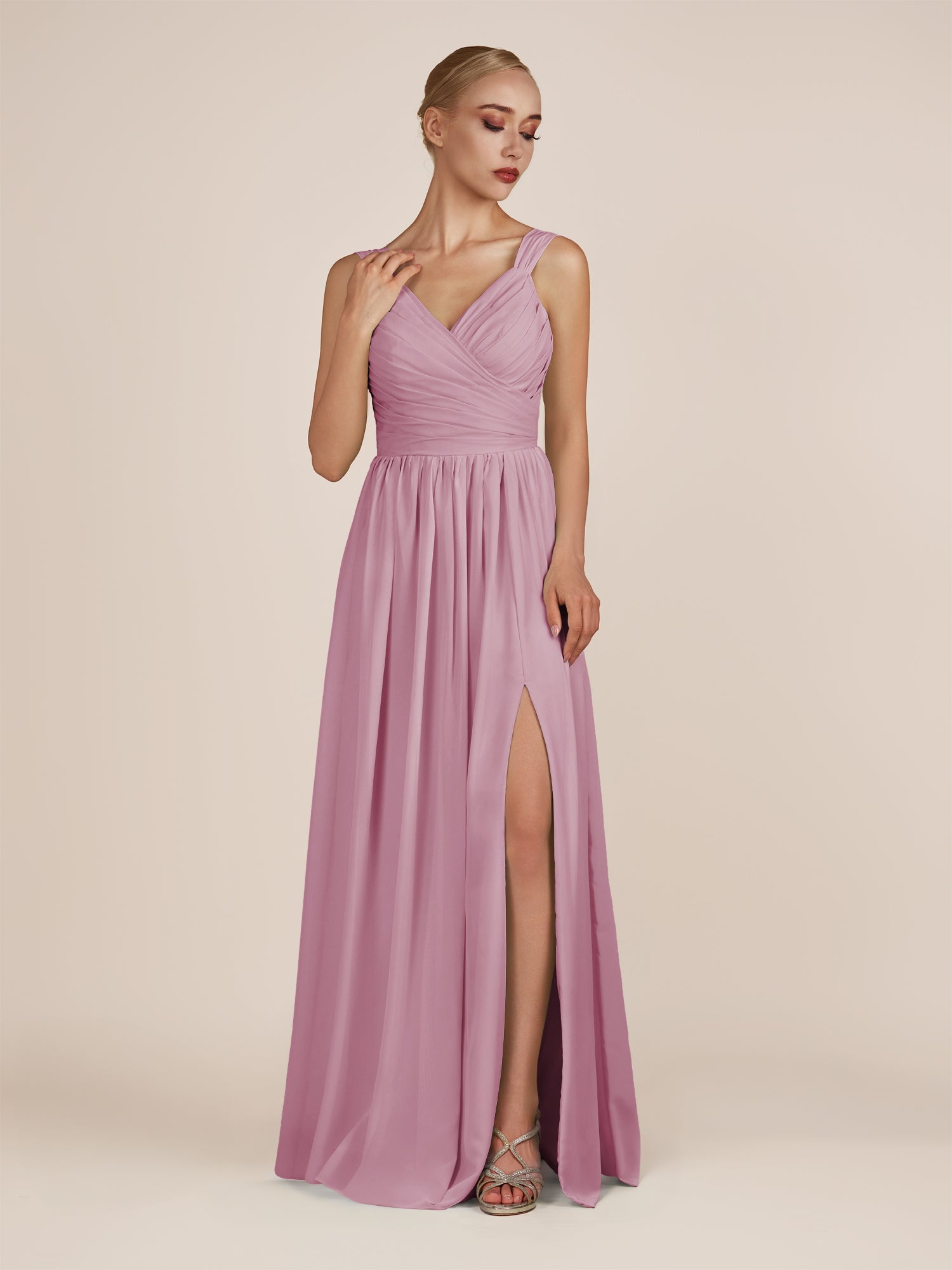 KissDress-Azura Vintage Mauve A-Line V Neck Chiffon Pleated Long Bridesmaid Dress with Slit