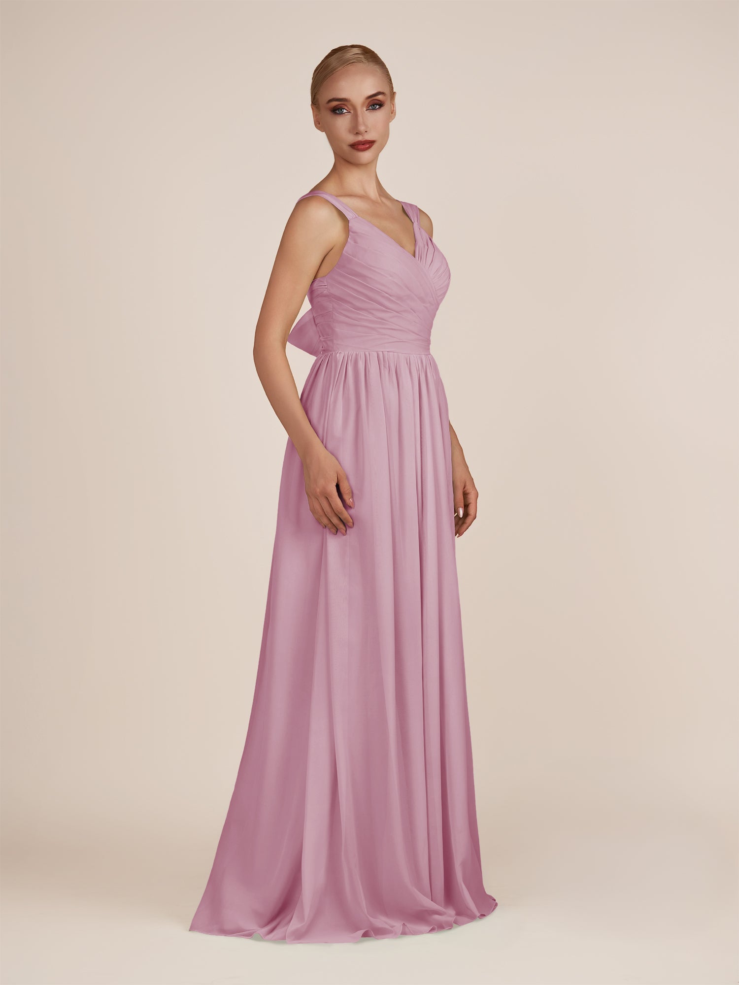 KissDress-Azura Vintage Mauve A-Line V Neck Chiffon Pleated Long Bridesmaid Dress with Slit