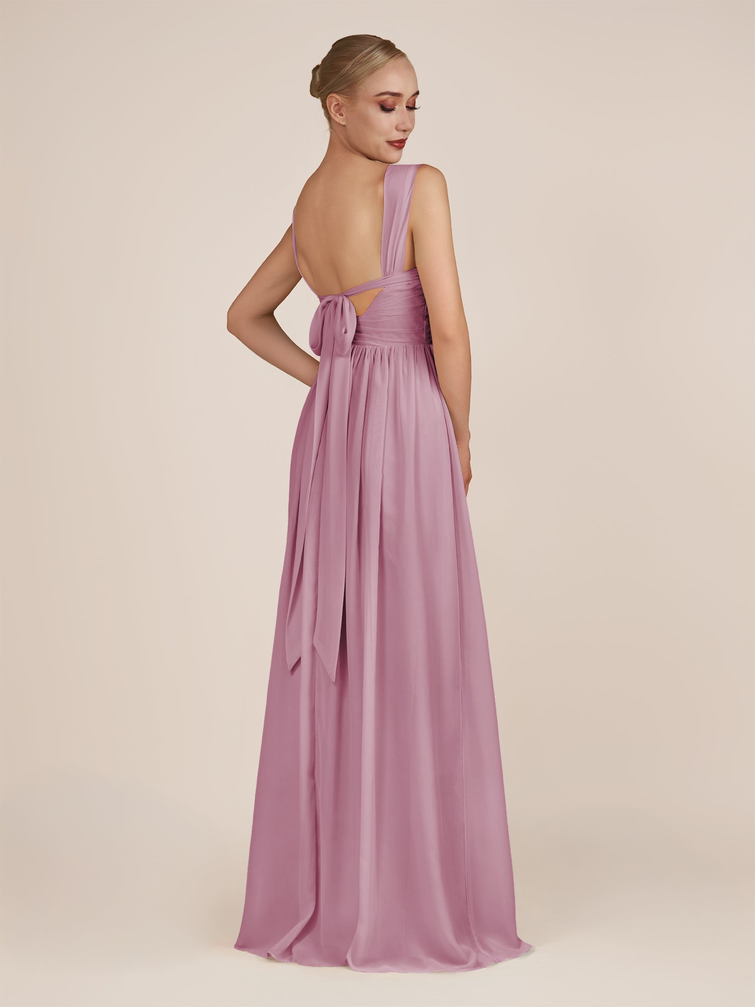 KissDress-Azura Vintage Mauve A-Line V Neck Chiffon Pleated Long Bridesmaid Dress with Slit