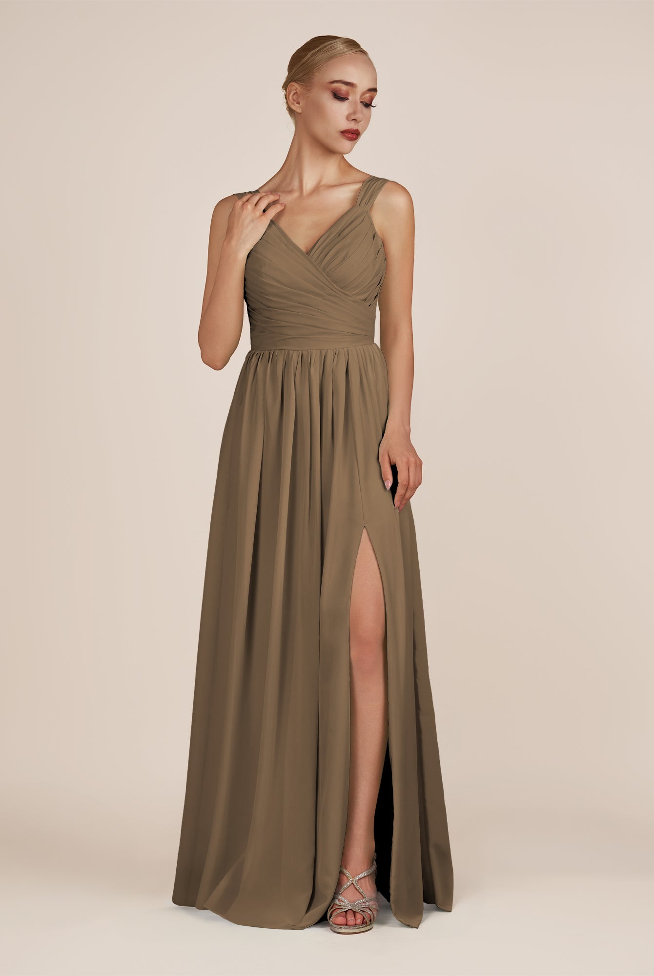 KissDress-Azura Willow Green A-Line V Neck Chiffon Pleated Long Bridesmaid Dress with Slit