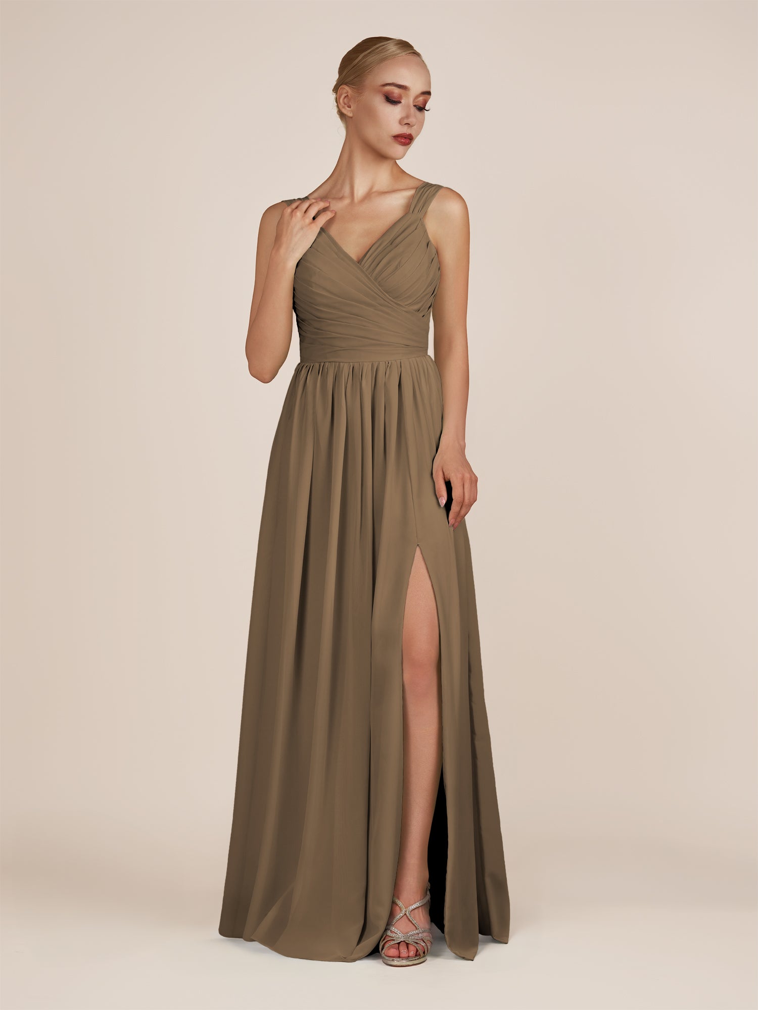 KissDress-Azura Willow Green A-Line V Neck Chiffon Pleated Long Bridesmaid Dress with Slit