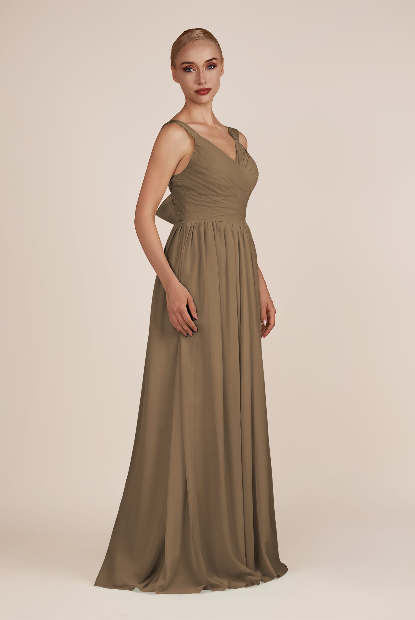 KissDress-Azura Willow Green A-Line V Neck Chiffon Pleated Long Bridesmaid Dress with Slit