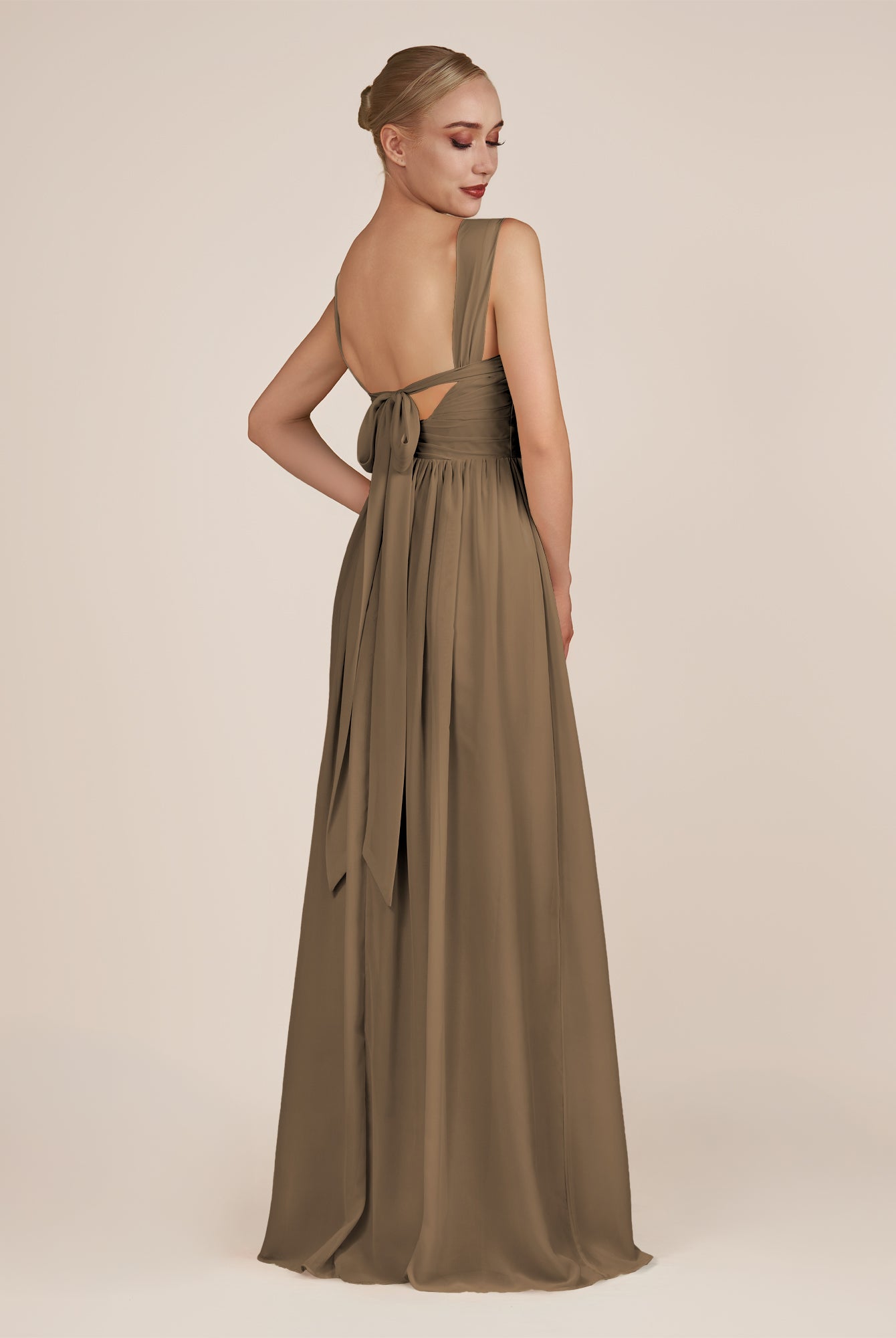 KissDress-Azura Willow Green A-Line V Neck Chiffon Pleated Long Bridesmaid Dress with Slit