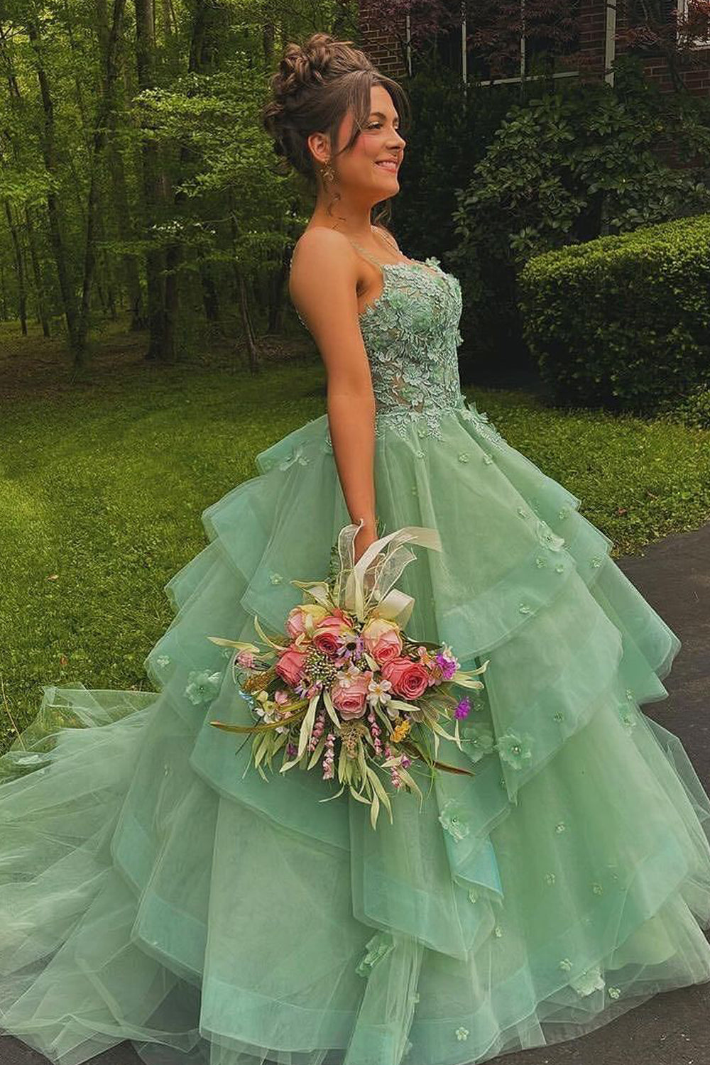 Ball Gown Sweetheart Sage Green Tulle Long Prom Dresses with Appliques