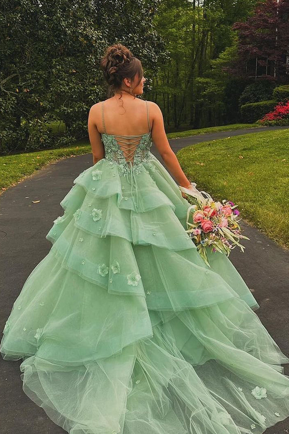 Ball Gown Sweetheart Sage Green Tulle Long Prom Dresses with Appliques
