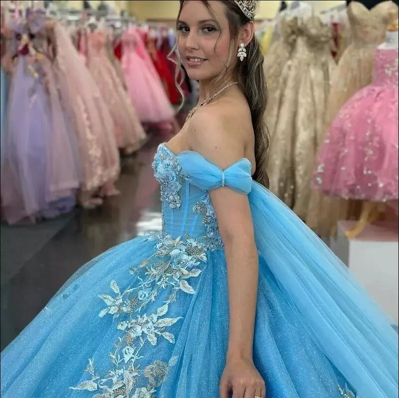 Ball-Gown Sky Blue Appliques Quinceanera Dresses with Cape