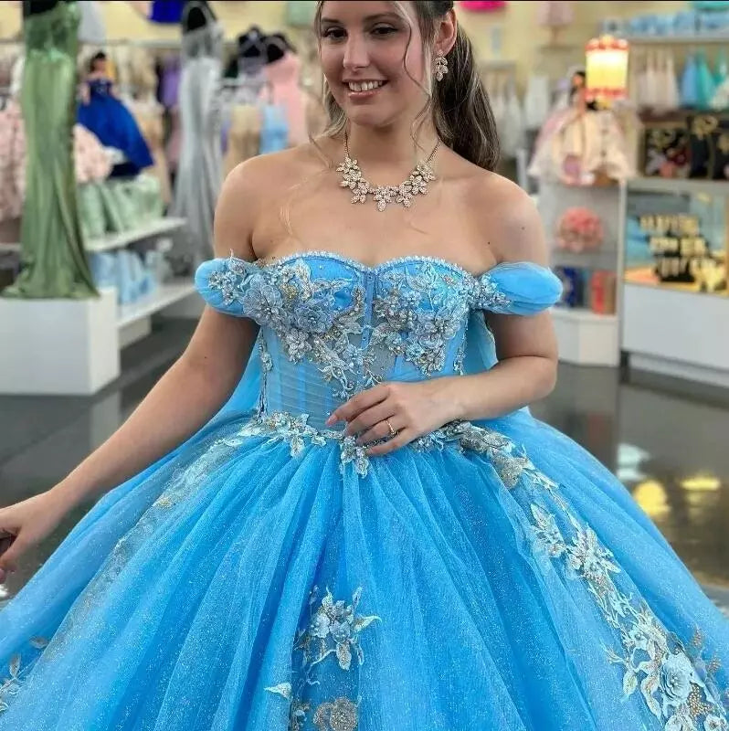 Ball-Gown Sky Blue Appliques Quinceanera Dresses with Cape
